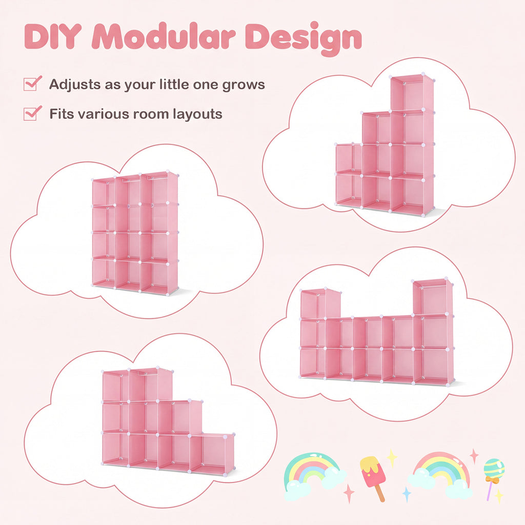 Modular Baby Wardrobe with 10 Cubes & Hanging Rod and Shelves Stackable-Pink