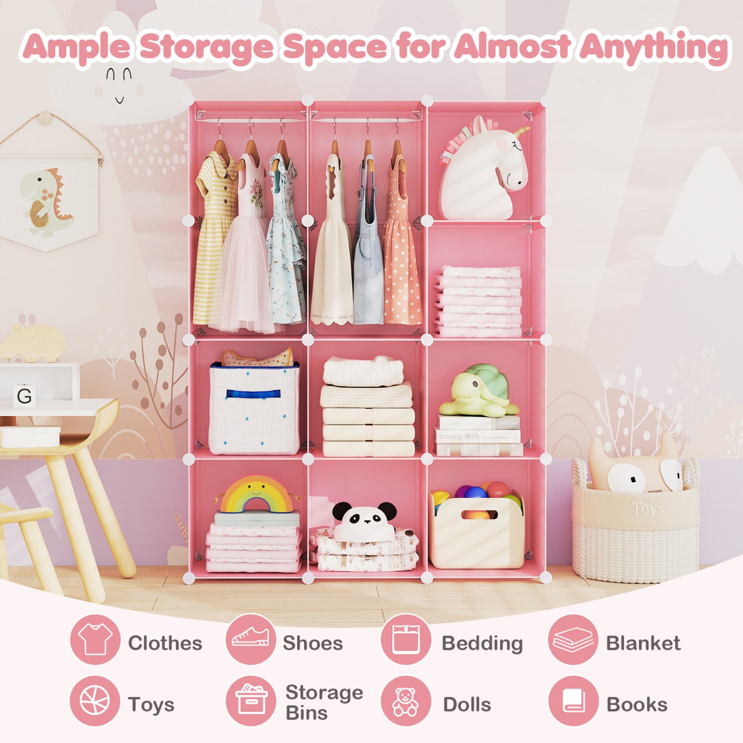 Modular Baby Wardrobe with 10 Cubes & Hanging Rod and Shelves Stackable-Pink