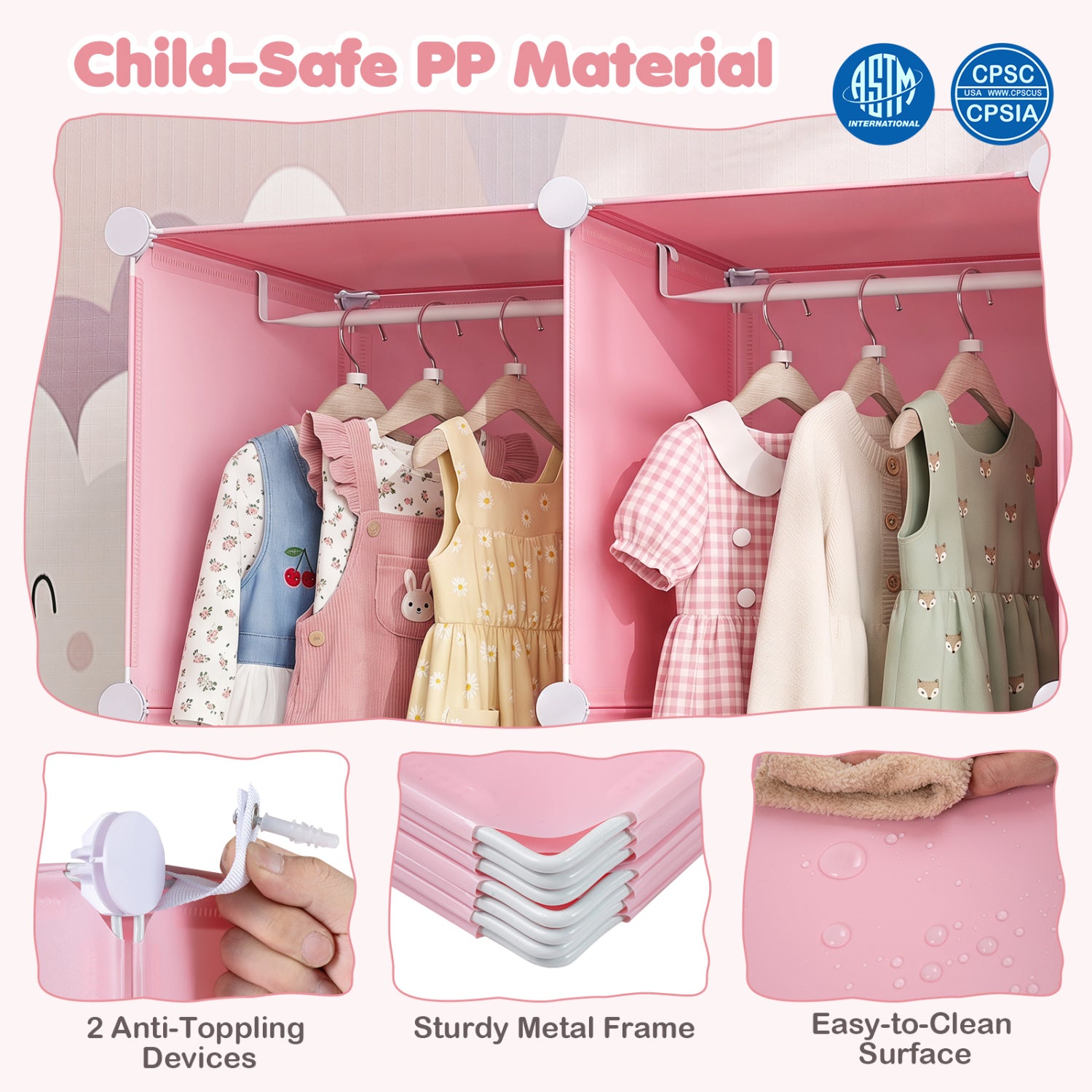 Modular Baby Wardrobe with 10 Cubes & Hanging Rod and Shelves Stackable-Pink