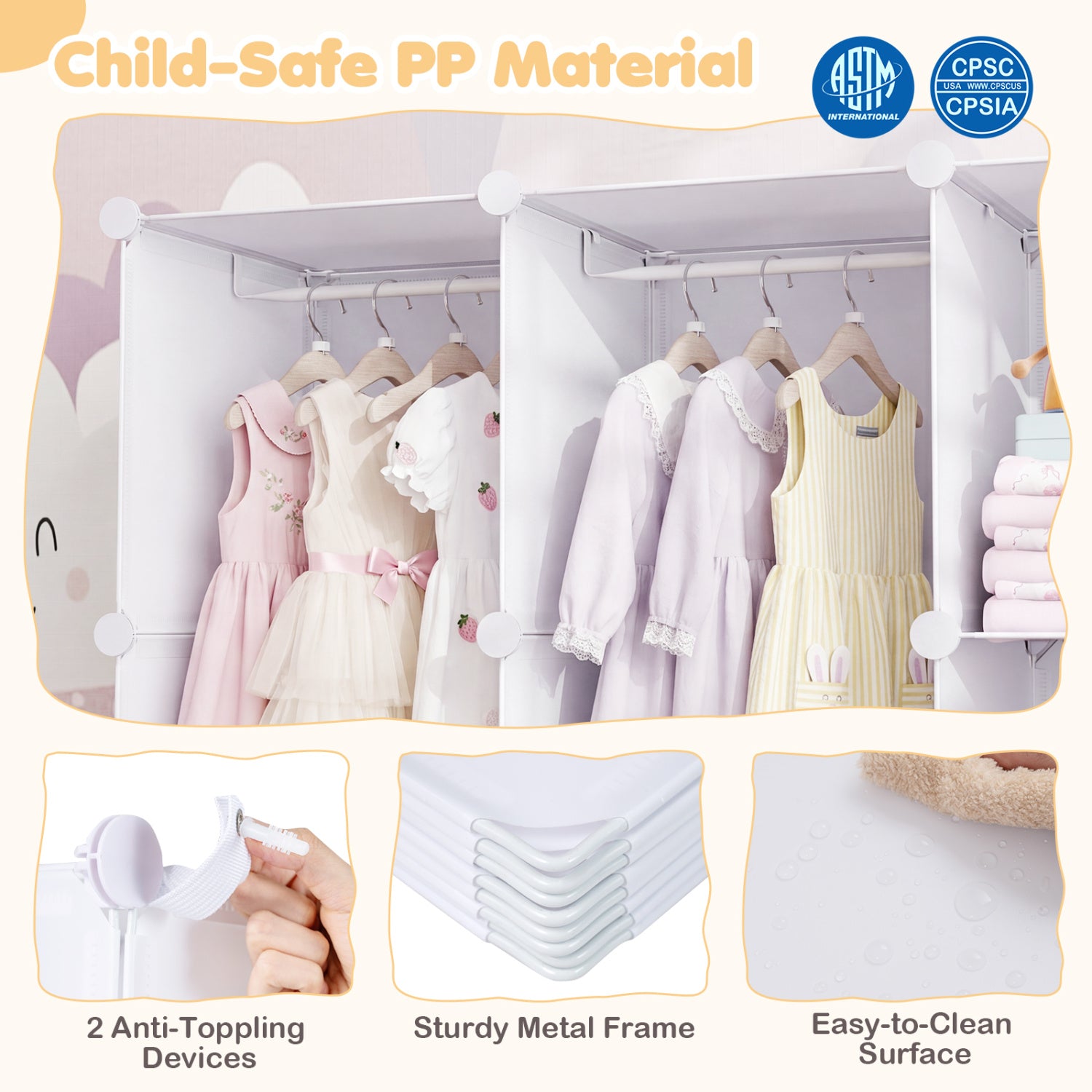 Modular Baby Wardrobe with 10 Cubes & Hanging Rod and Shelves Stackable-White
