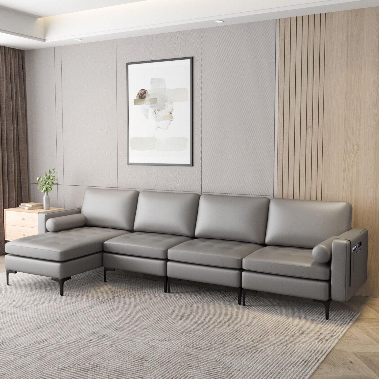 Modular L-shaped Sectional Sofa with Reversible Chaise and 2 USB Ports-Light Gray
