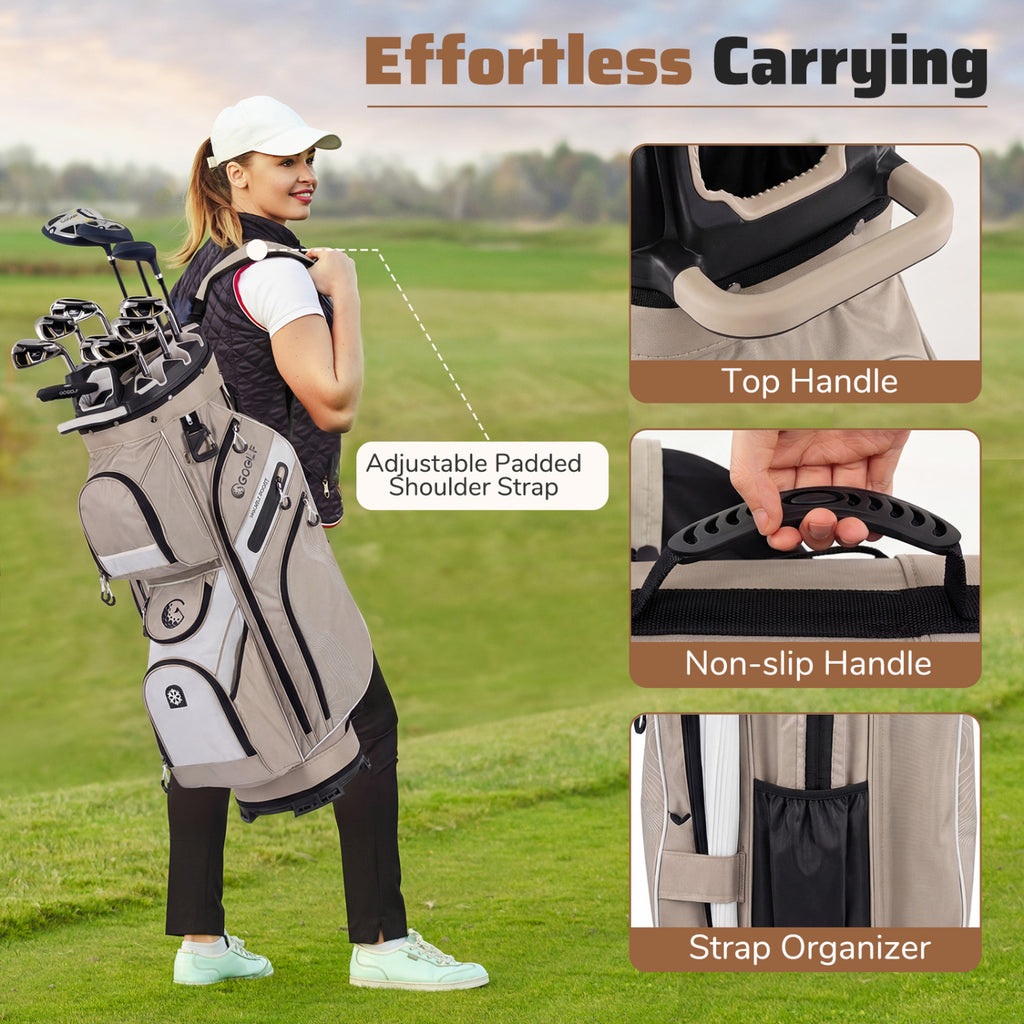 Molded Lock Top Golf Cart Bag with 14-Way Full Length Dividers and 11 Pockets-Khaki