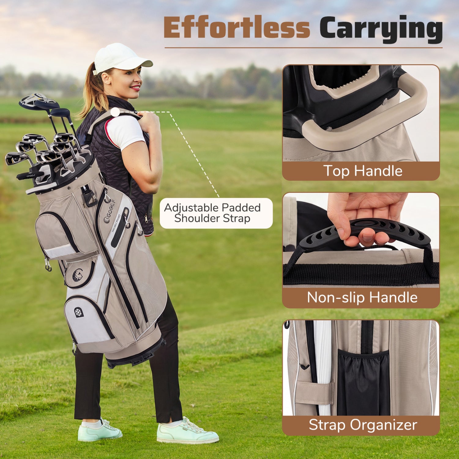 Molded Lock Top Golf Cart Bag with 14-Way Full Length Dividers and 11 Pockets-Khaki