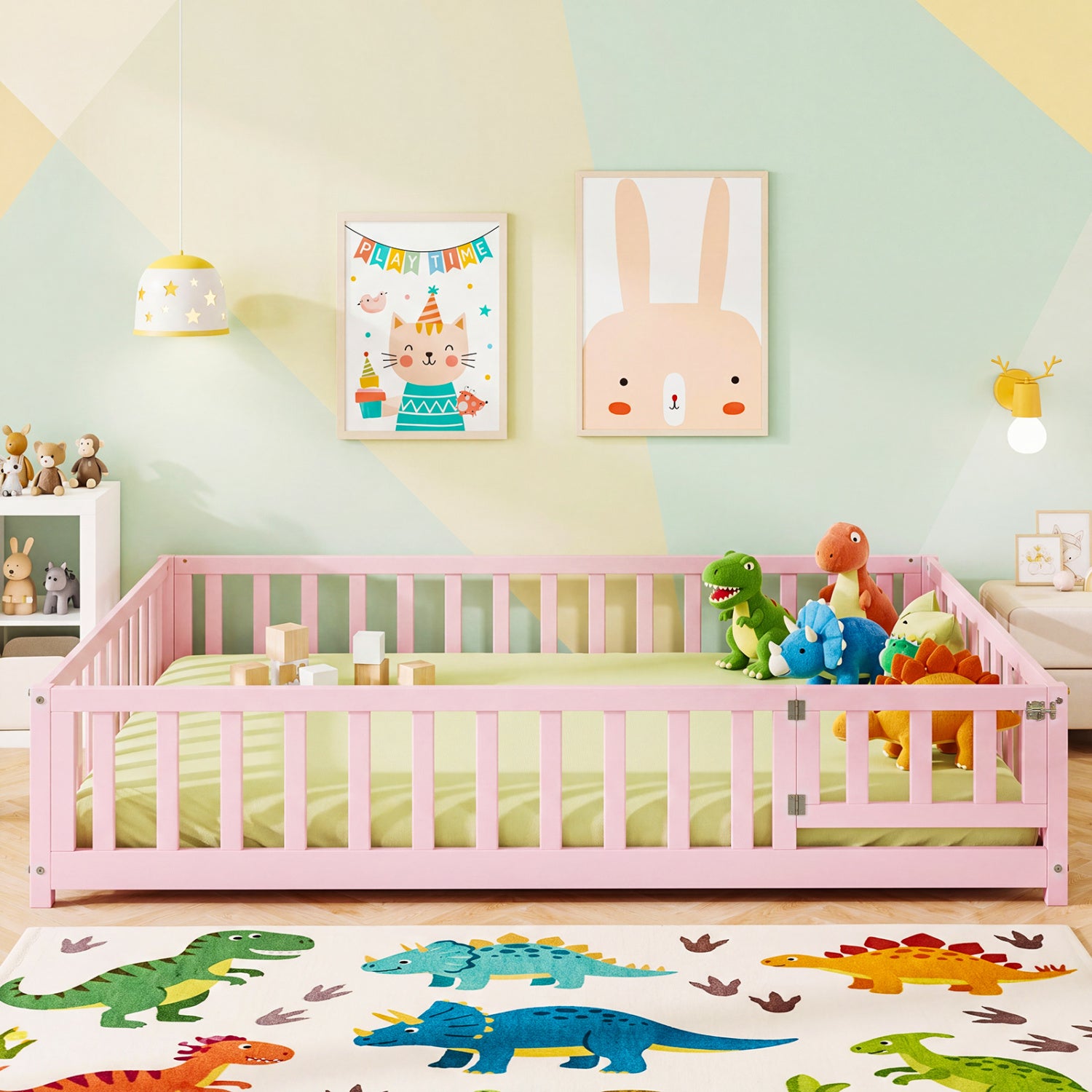 Montessori Bed Frame with Full-length Guardrails Safety Door and Latch-Pink