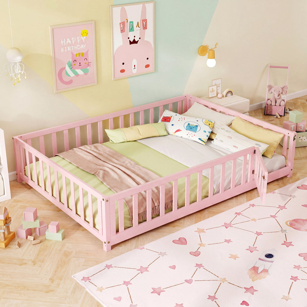 Montessori Bed Frame with Full-length Guardrails Safety Door and Latch-Pink