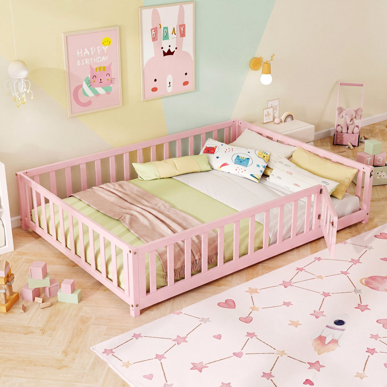 Montessori Bed Frame with Full-length Guardrails Safety Door and Latch-Pink