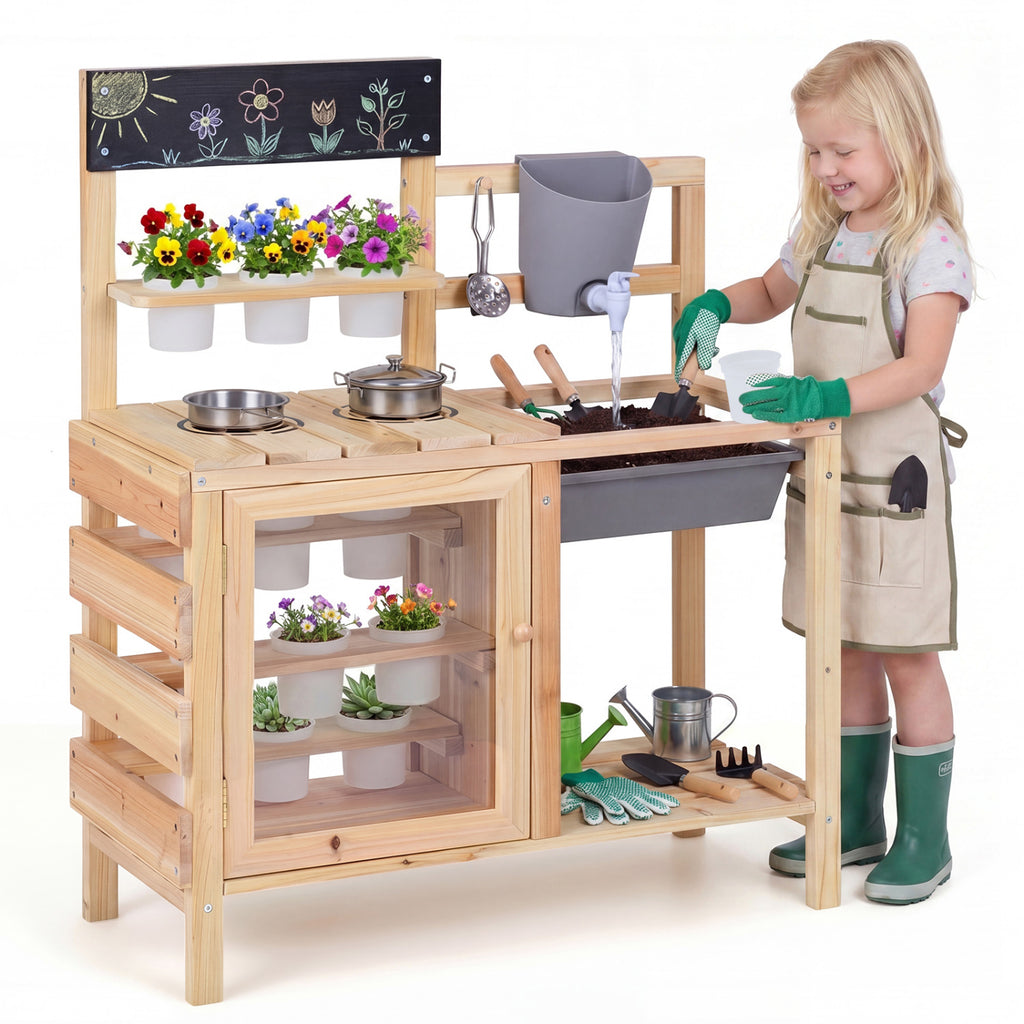 Mud Kitchen Playset with Sink and Plants Observation Room-Natural