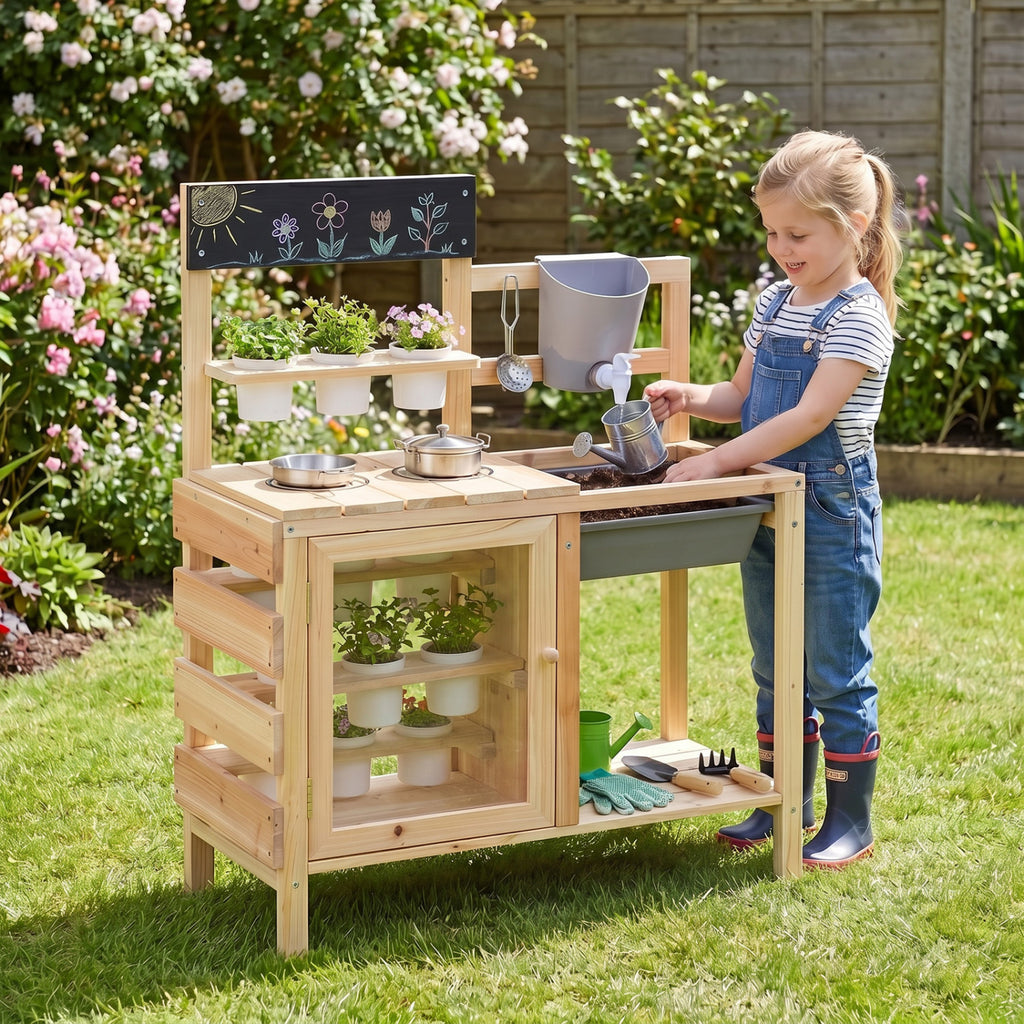 Mud Kitchen Playset with Sink and Plants Observation Room-Natural