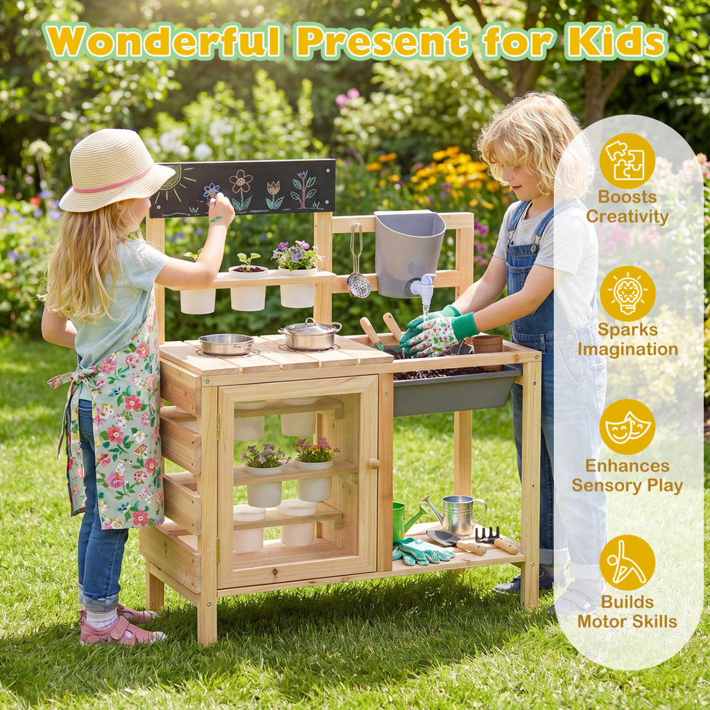 Mud Kitchen Playset with Sink and Plants Observation Room-Natural