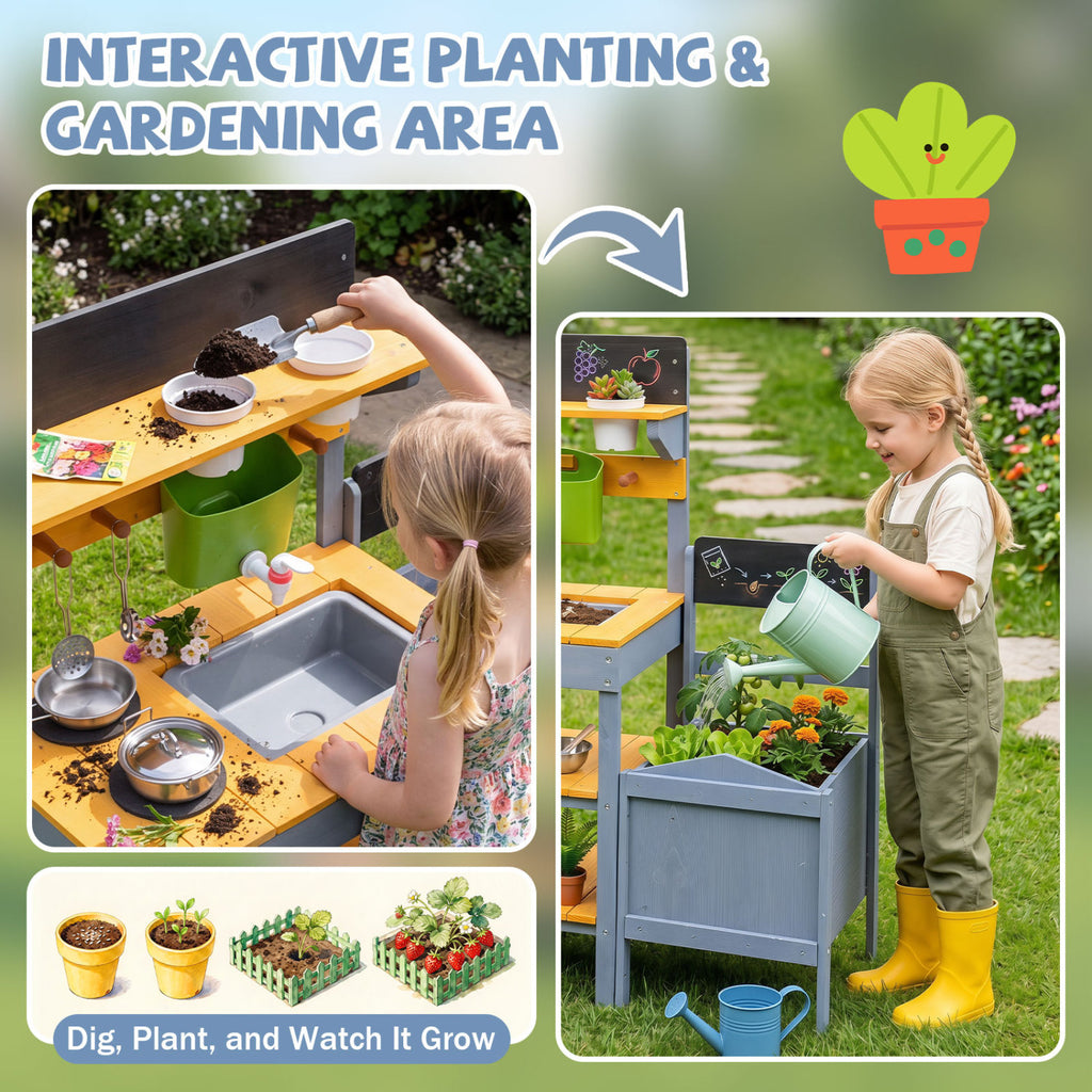 Mud Kitchen Set for Kids with Running Water Reservoir and Plant Pots for 3+-Yellow