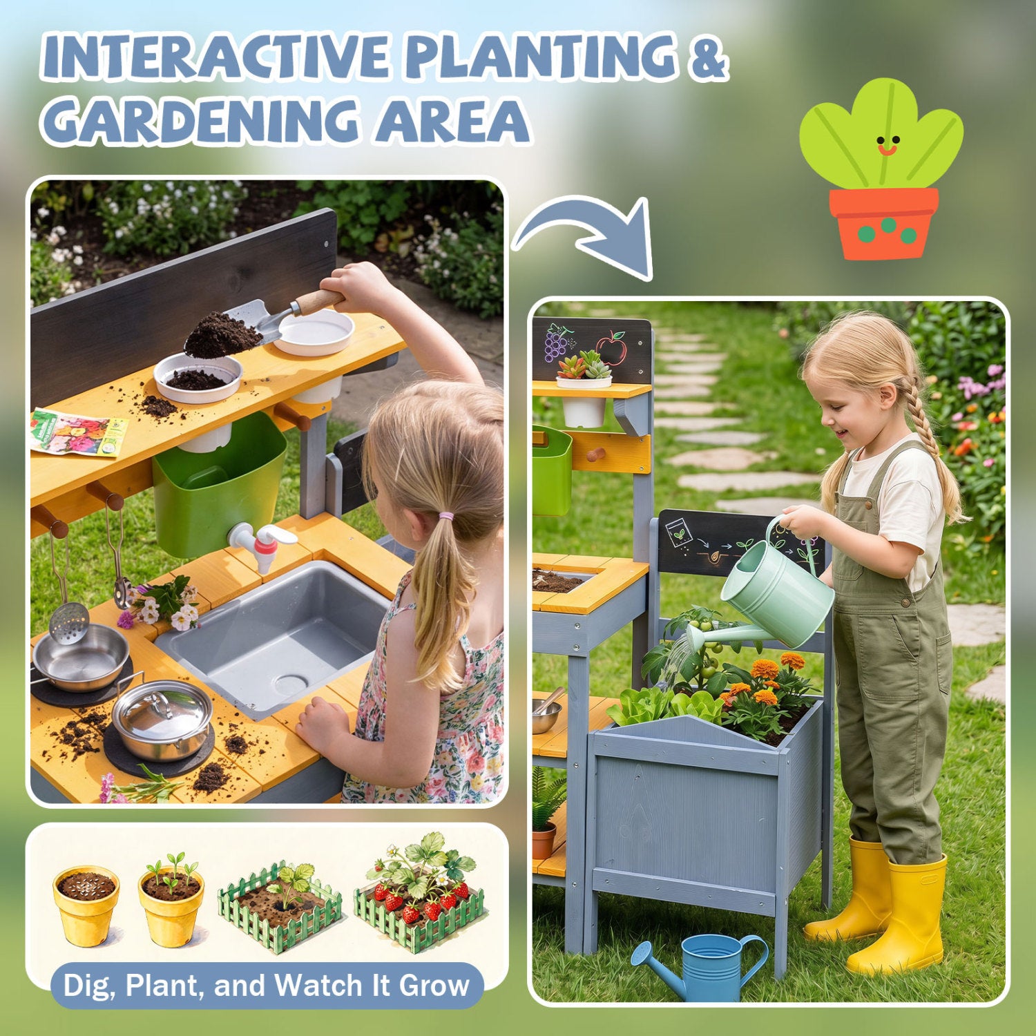 Mud Kitchen Set for Kids with Running Water Reservoir and Plant Pots for 3+-Yellow