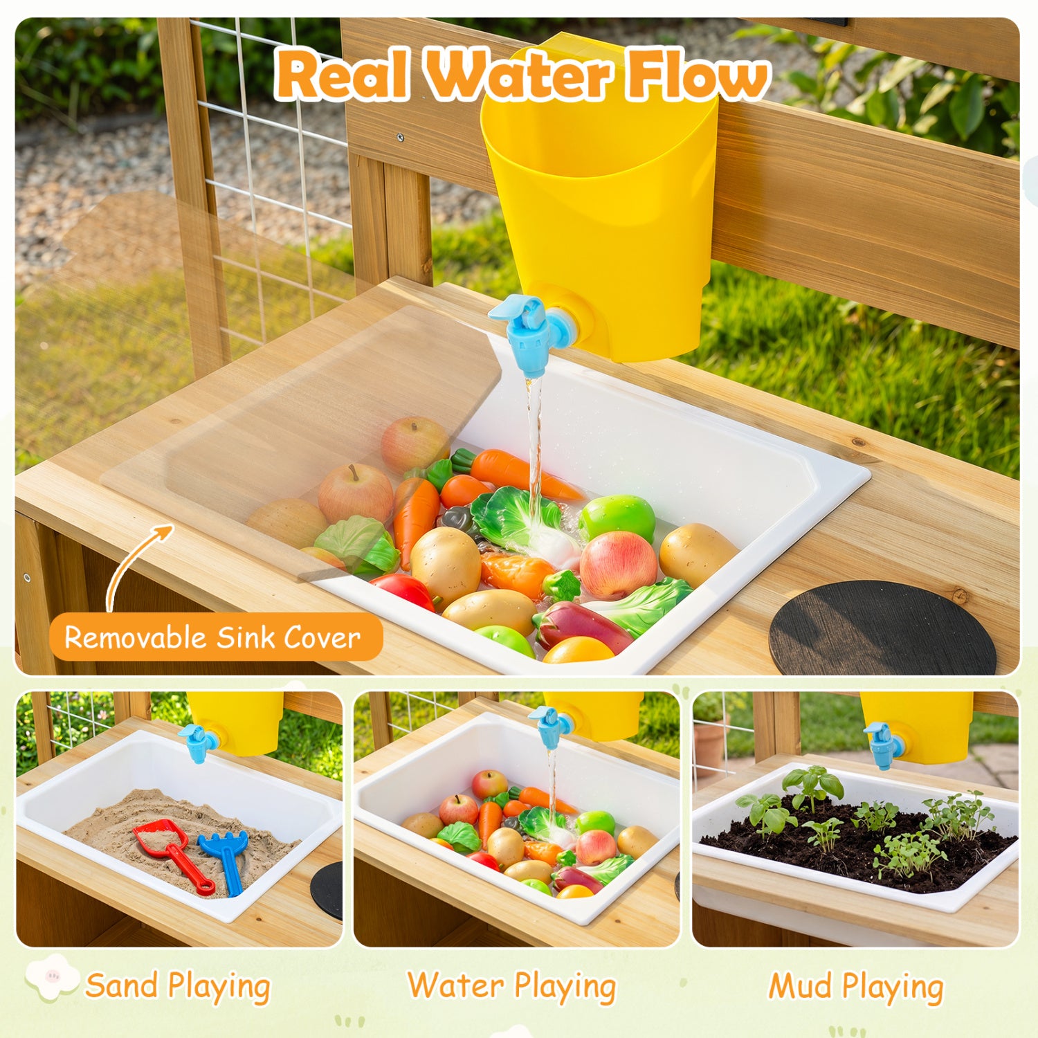 Mud Kitchen for Kids with Detachable Bird Cage and Stoves-Natural