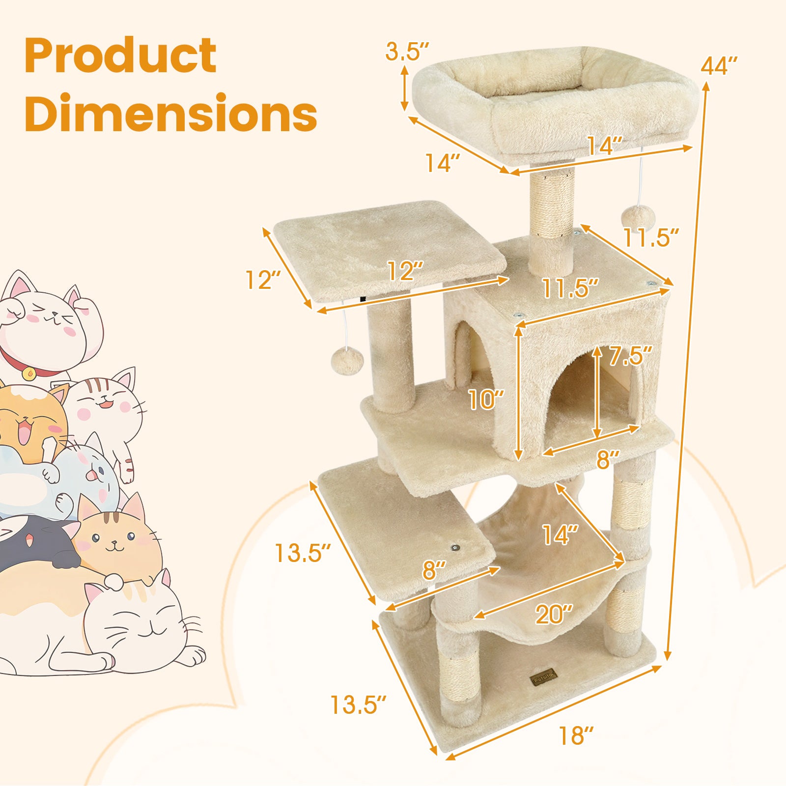Multi-Level Cat Tower with 2-Door Condo and Padded Top Perch-Beige