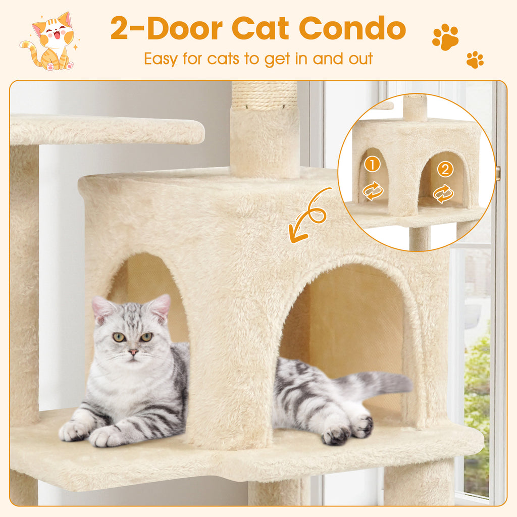 Multi-Level Cat Tower with 2-Door Condo and Padded Top Perch-Beige