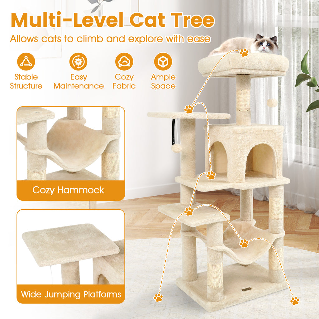Multi-Level Cat Tower with 2-Door Condo and Padded Top Perch-Beige