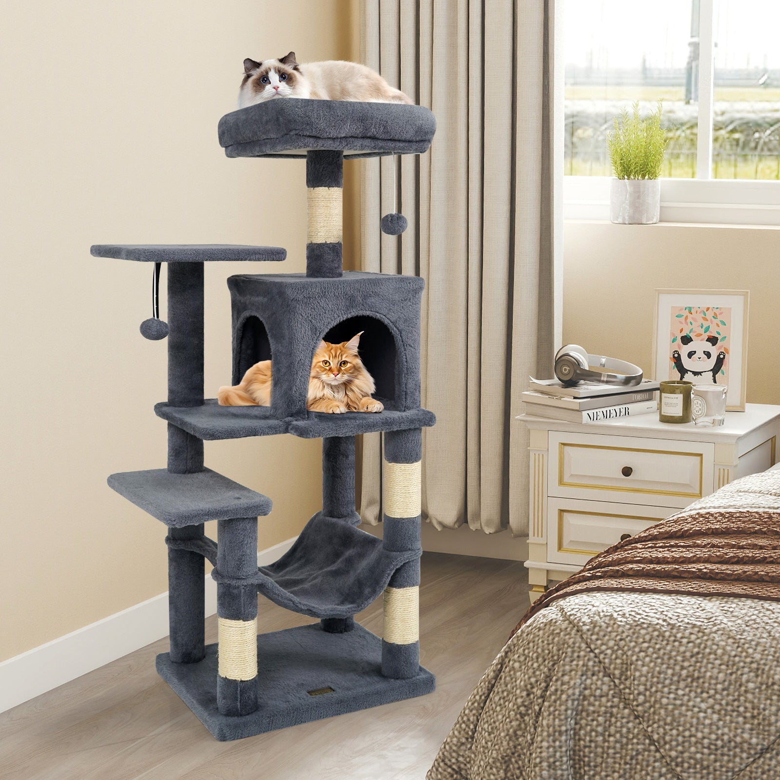 Multi-Level Cat Tower with 2-Door Condo and Padded Top Perch-Gray