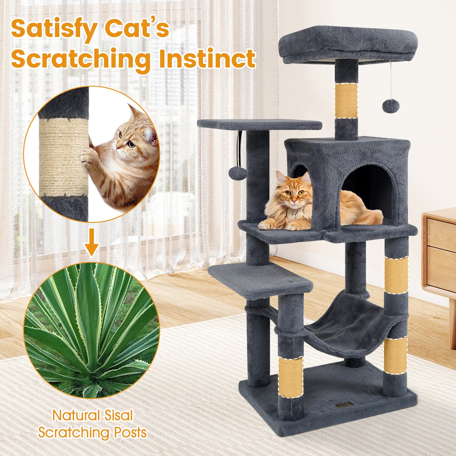 Multi-Level Cat Tower with 2-Door Condo and Padded Top Perch-Gray