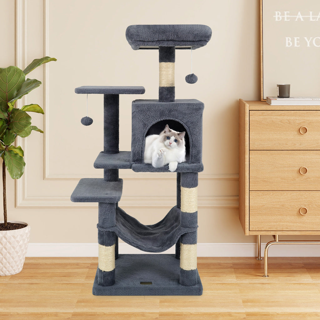 Multi-Level Cat Tower with 2-Door Condo and Padded Top Perch-Gray
