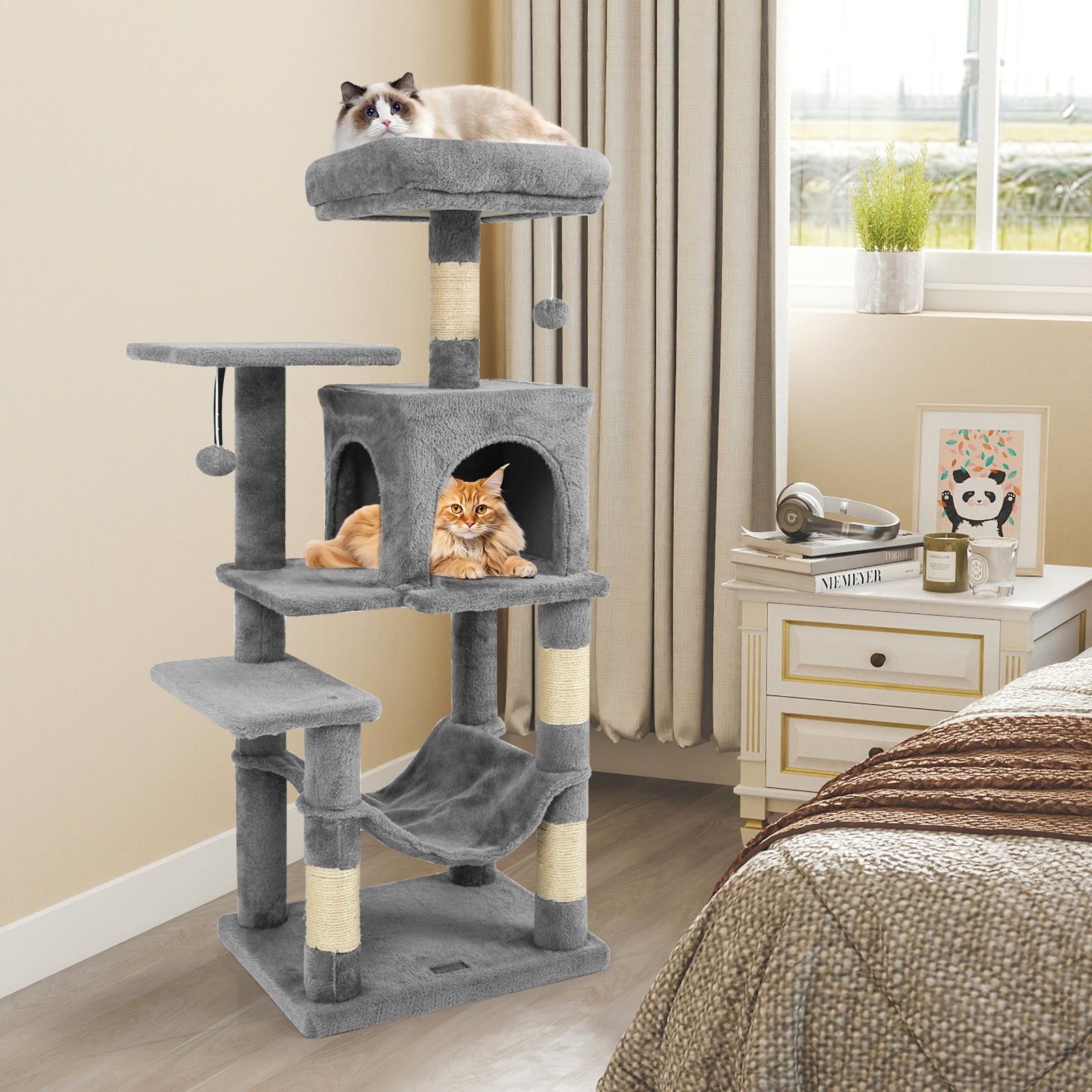 Multi-Level Cat Tower with 2-Door Condo and Padded Top Perch-Light Gray