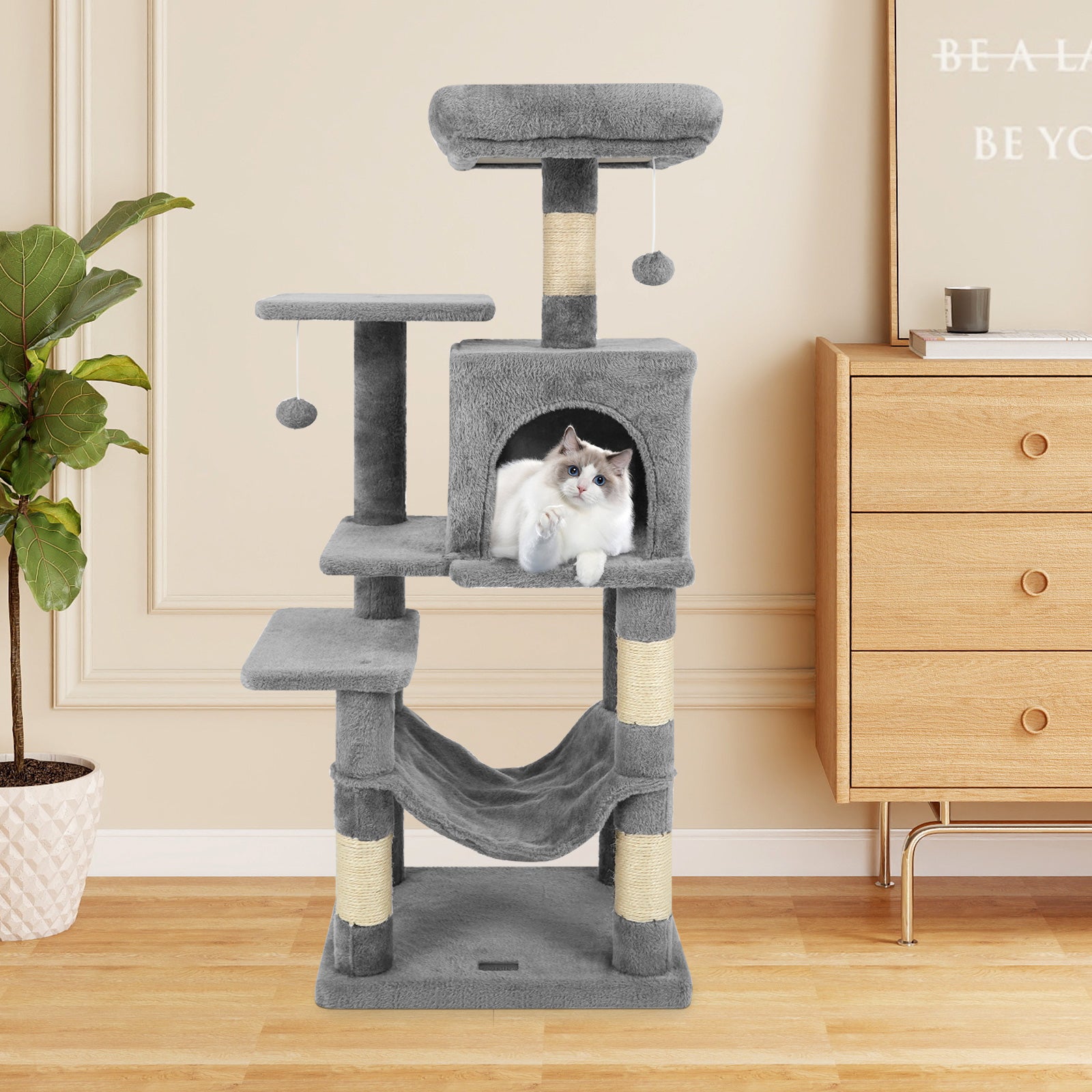Multi-Level Cat Tower with 2-Door Condo and Padded Top Perch-Light Gray