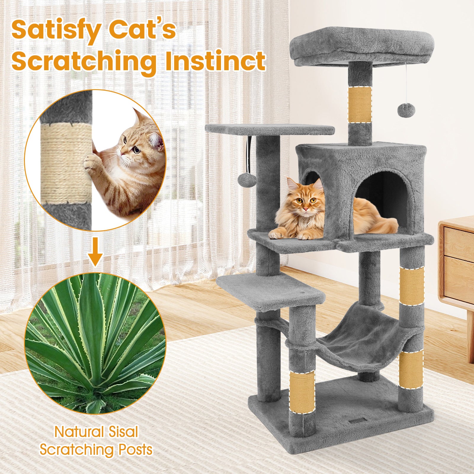 Multi-Level Cat Tower with 2-Door Condo and Padded Top Perch-Light Gray