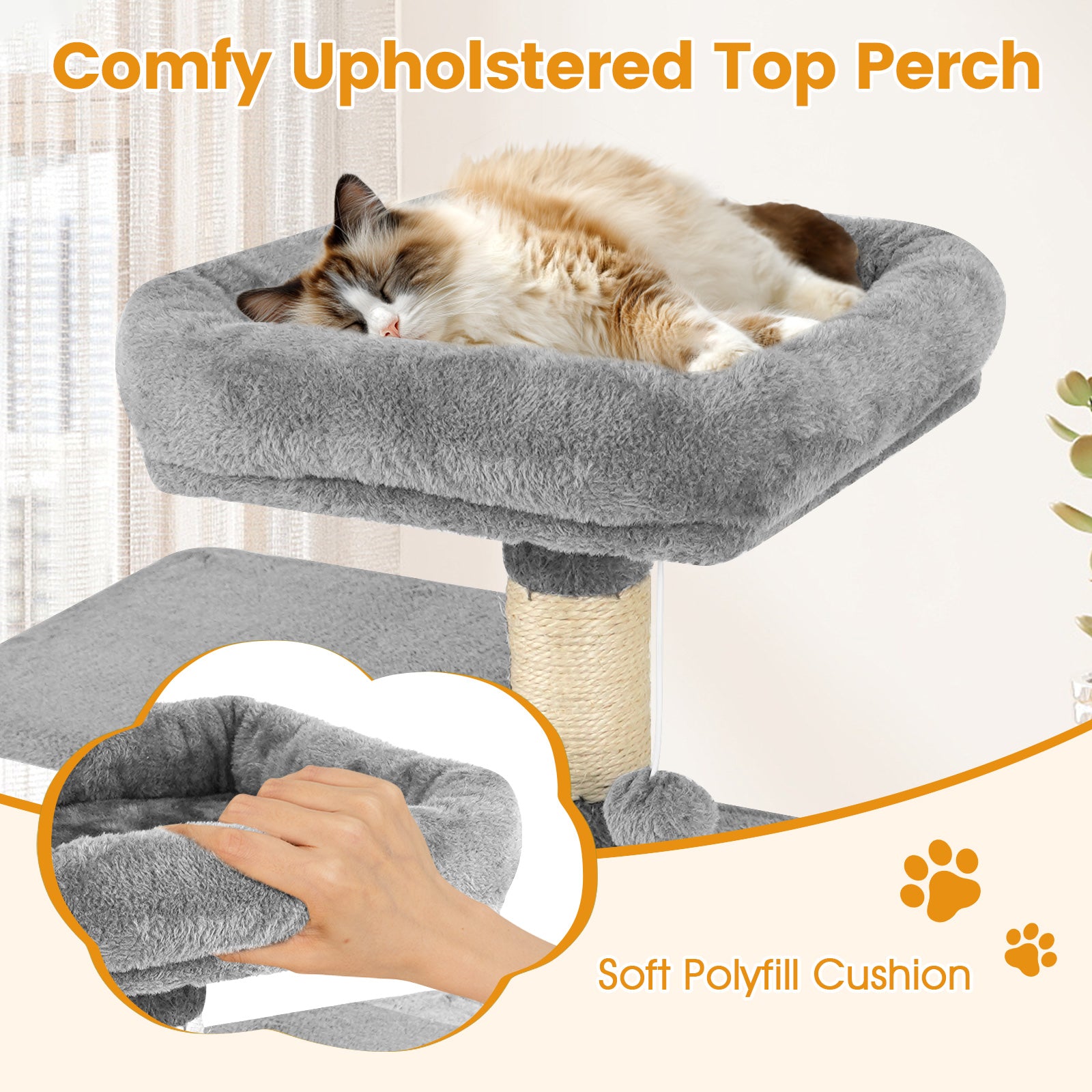 Multi-Level Cat Tower with 2-Door Condo and Padded Top Perch-Light Gray