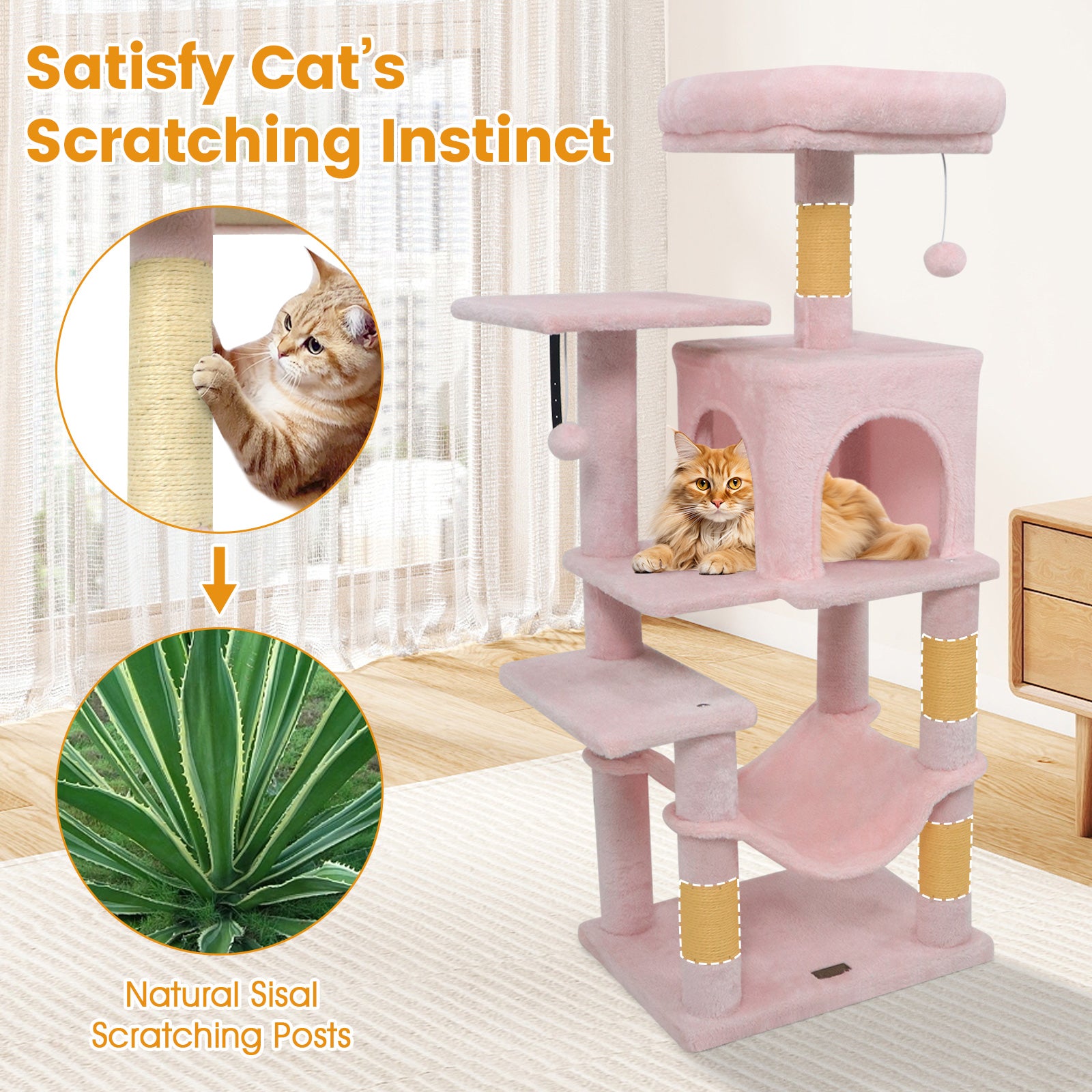 Multi-Level Cat Tower with 2-Door Condo and Padded Top Perch-Pink