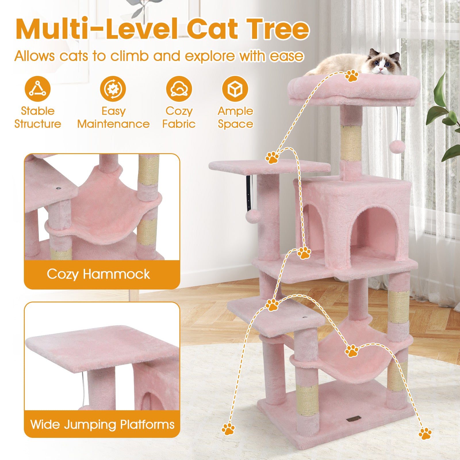Multi-Level Cat Tower with 2-Door Condo and Padded Top Perch-Pink