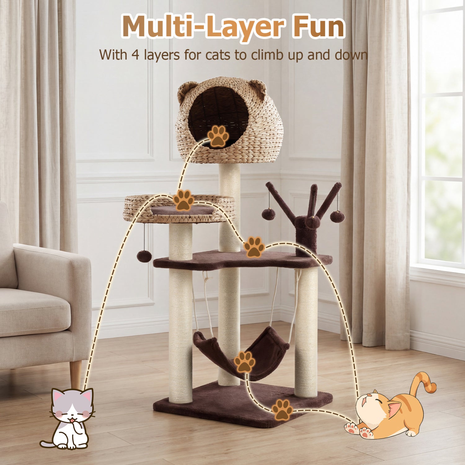 Multi-Level Cat Tree with Condo Hammock and Rotatable Hanging Balls-Brown