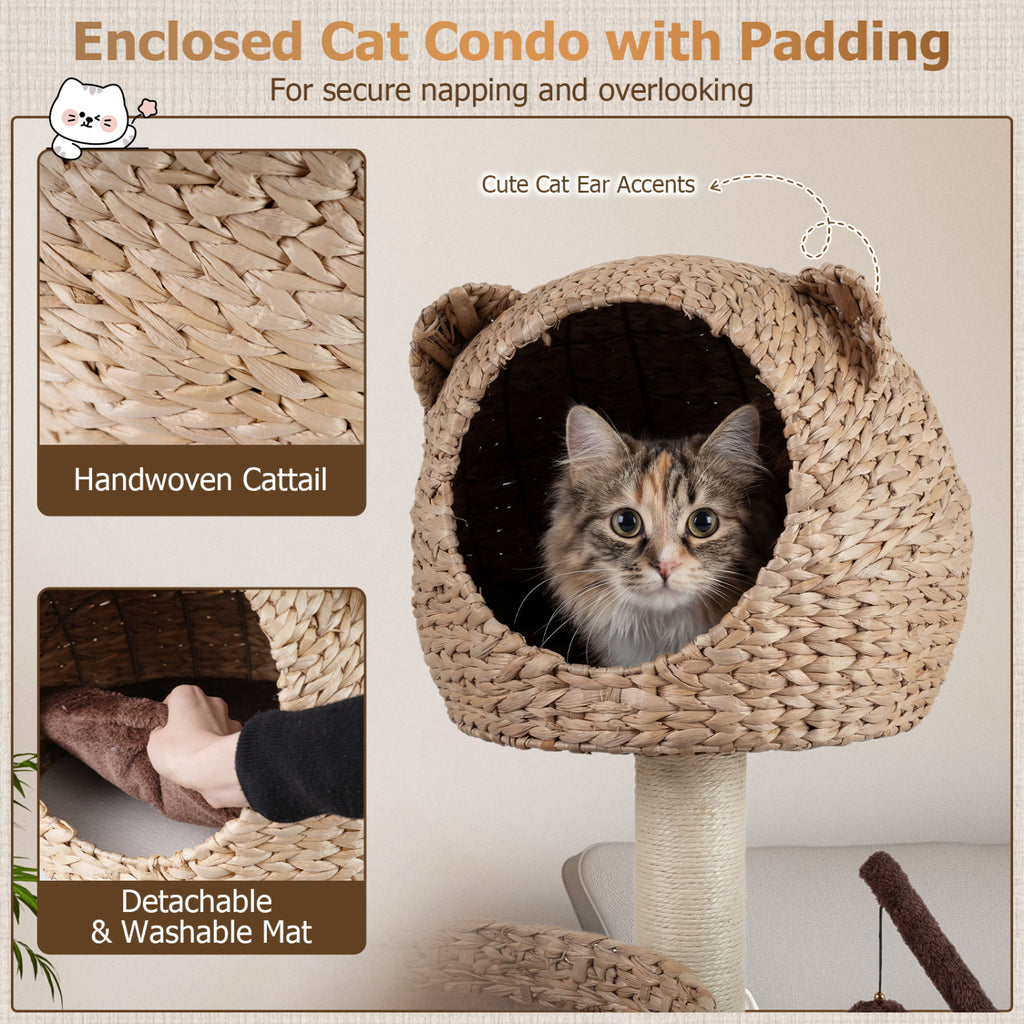 Multi-Level Cat Tree with Condo Hammock and Rotatable Hanging Balls-Brown