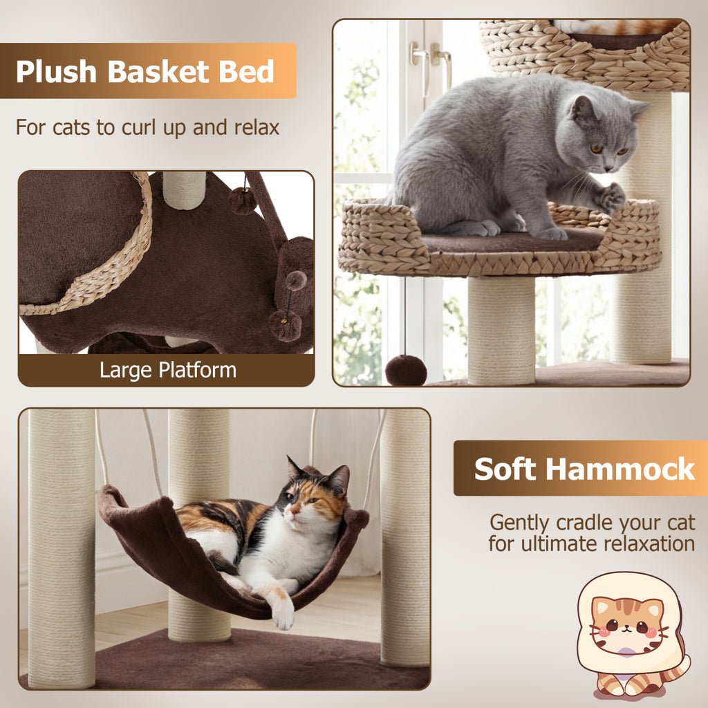 Multi-Level Cat Tree with Condo Hammock and Rotatable Hanging Balls-Brown
