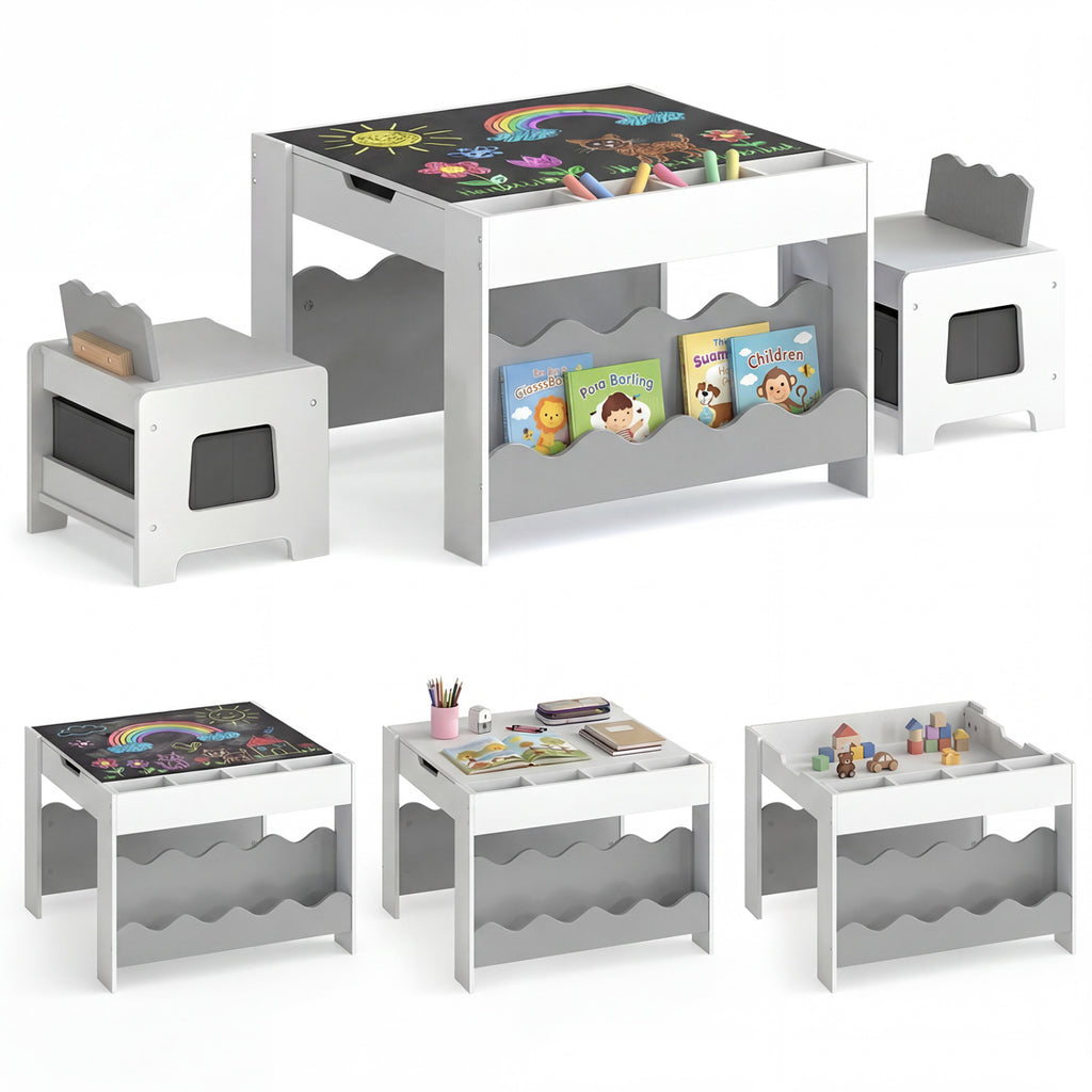Multi-purpose Activity Kids Table and Chairs Set with Double-sided Tabletop-Gray