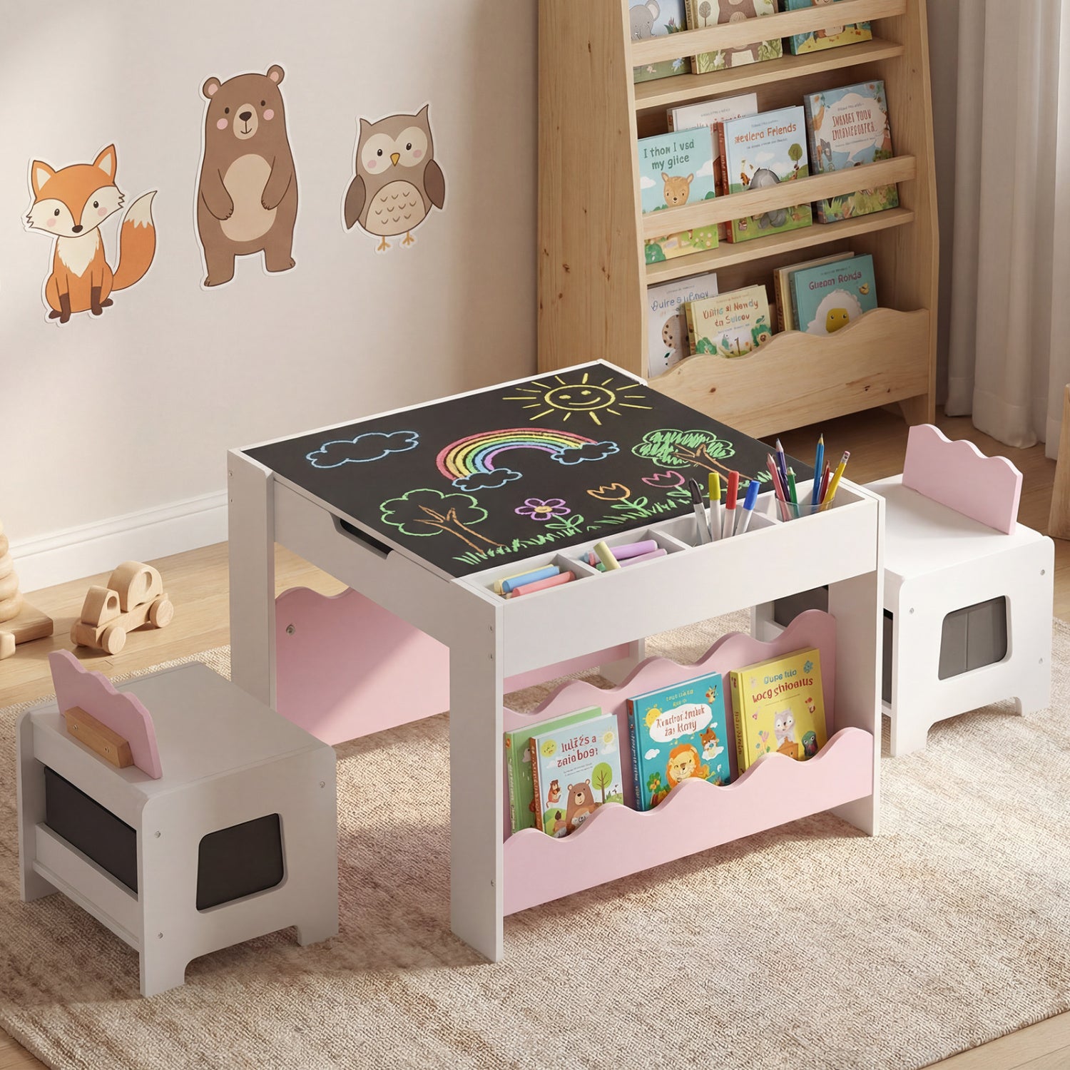 Multi-purpose Activity Kids Table and Chairs Set with Double-sided Tabletop-Pink