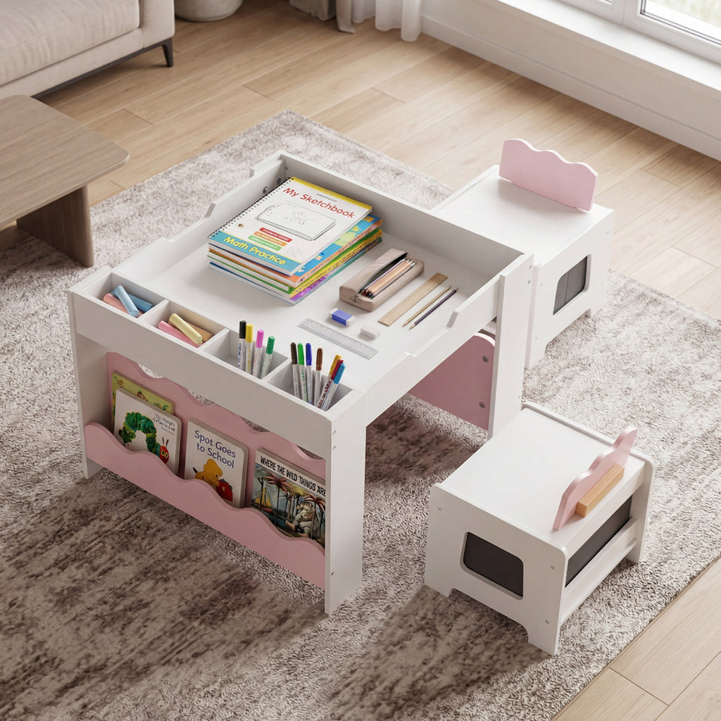 Multi-purpose Activity Kids Table and Chairs Set with Double-sided Tabletop-Pink
