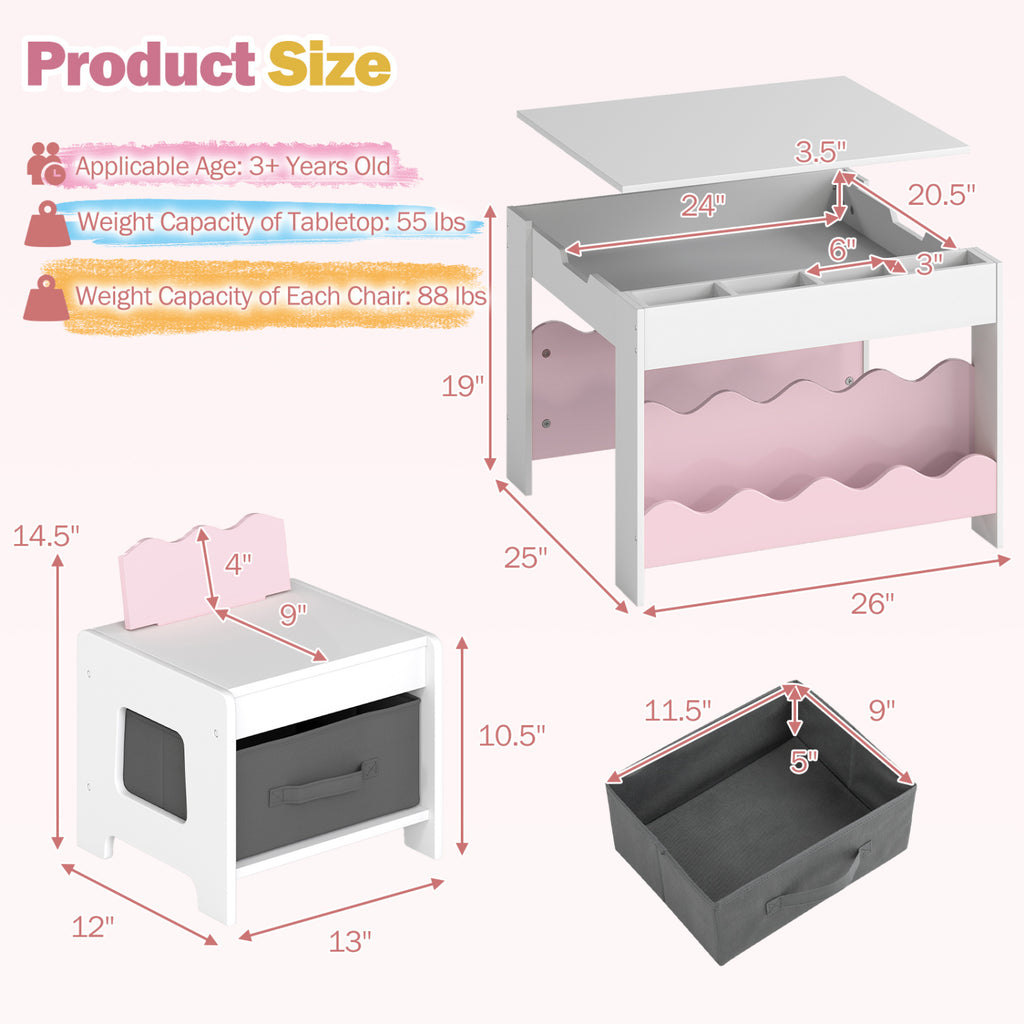 Multi-purpose Activity Kids Table and Chairs Set with Double-sided Tabletop-Pink