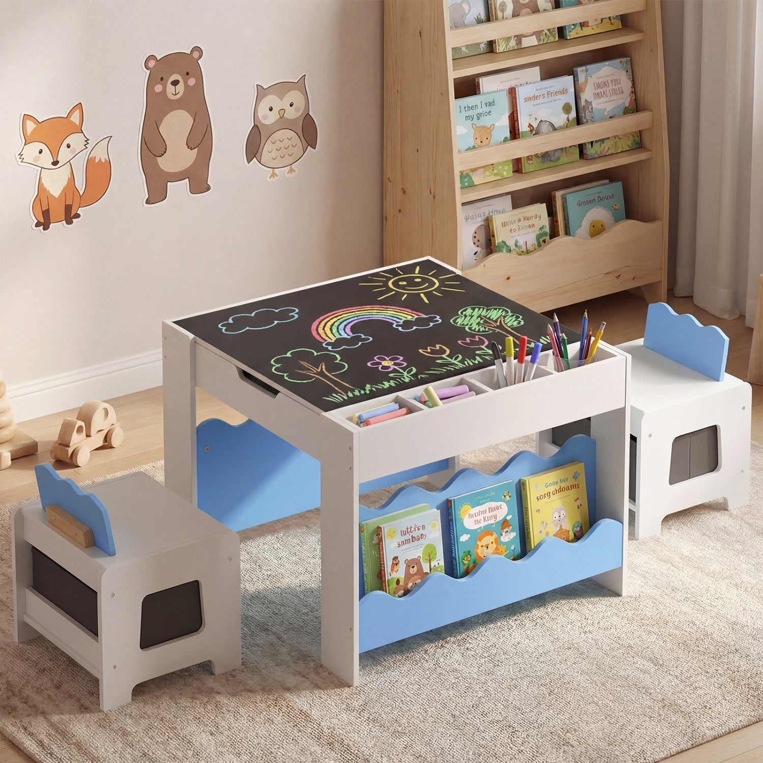 Multi-purpose Activity Kids Table and Chairs Set with Double-sided Tabletop-Blue