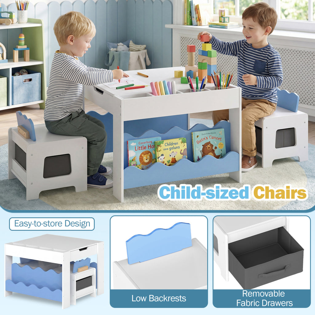 Multi-purpose Activity Kids Table and Chairs Set with Double-sided Tabletop-Blue