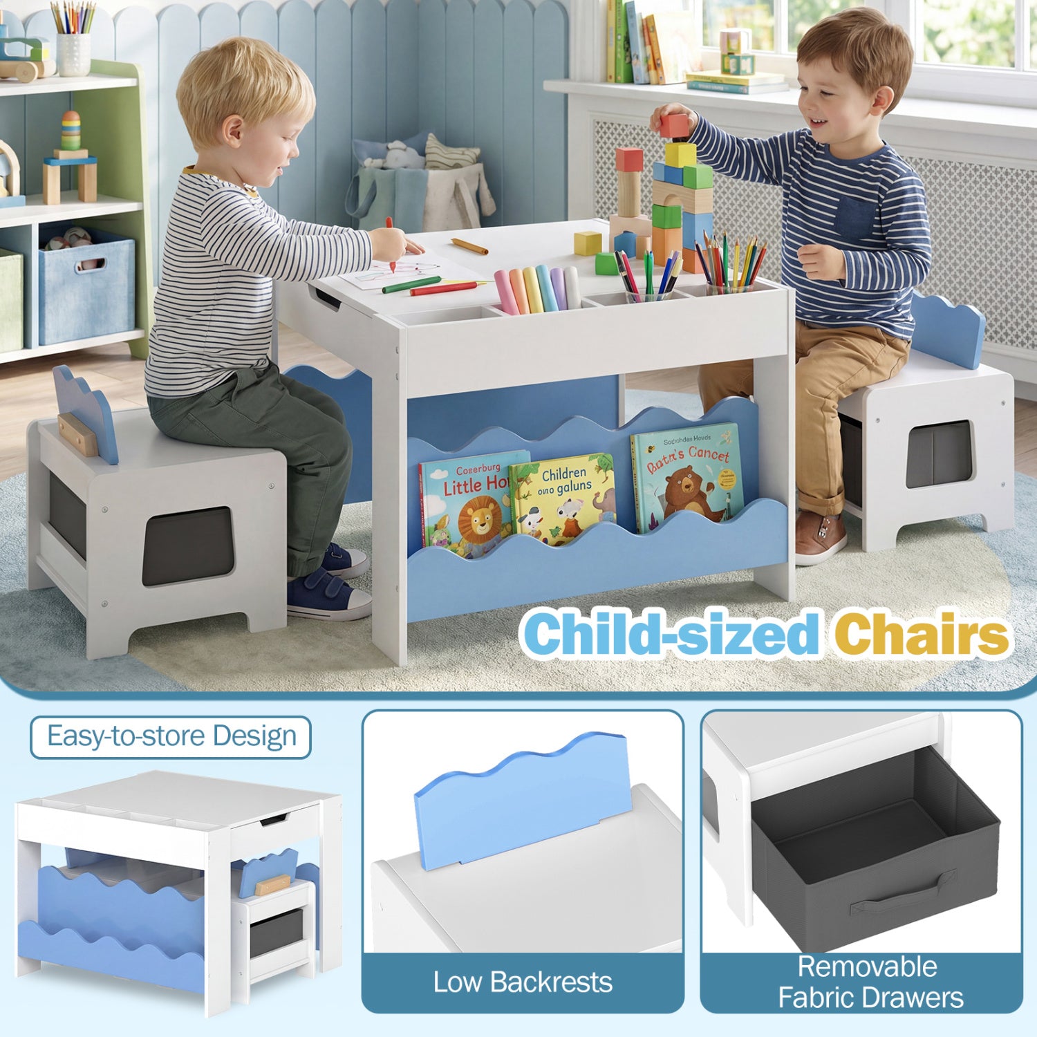 Multi-purpose Activity Kids Table and Chairs Set with Double-sided Tabletop-Blue