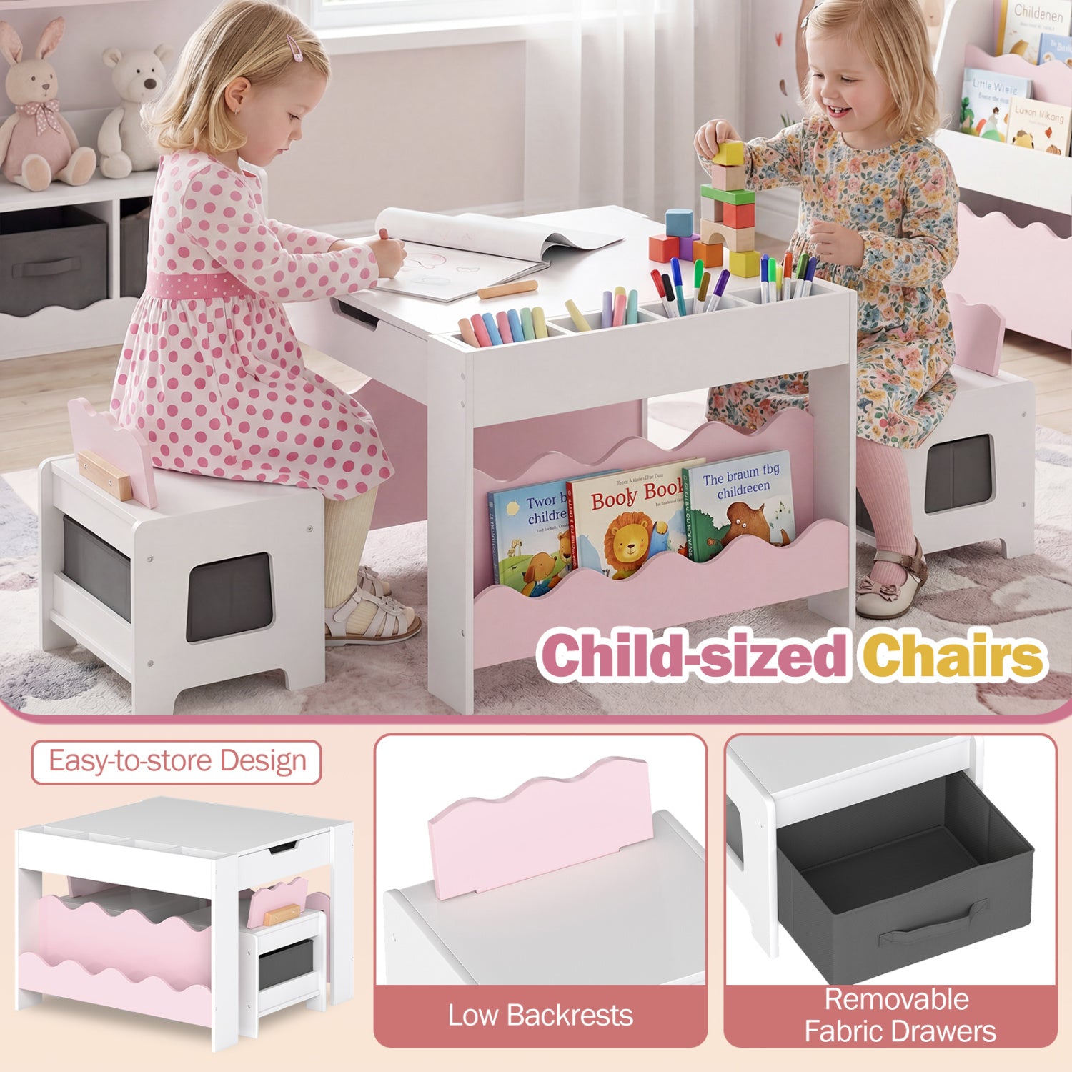 Multi-purpose Activity Kids Table and Chairs Set with Double-sided Tabletop-Pink