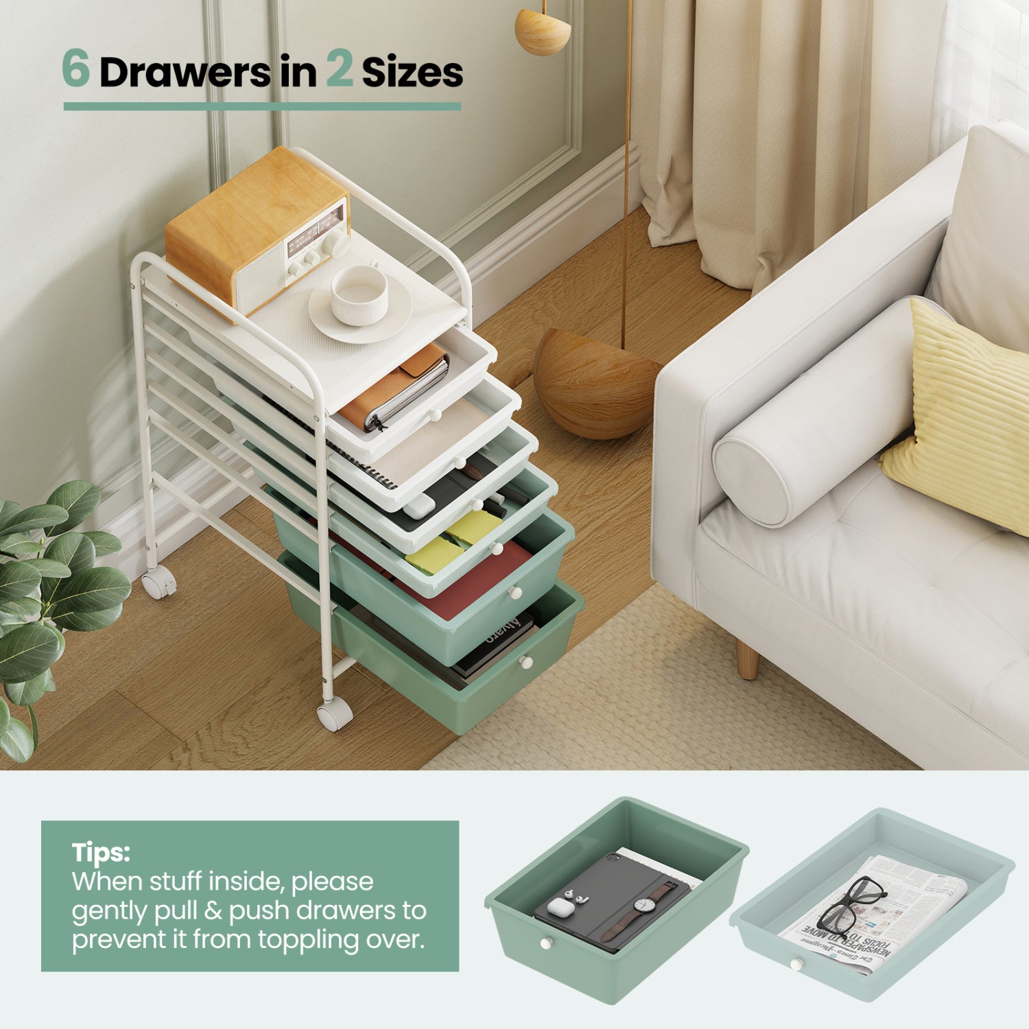 Multifunctional 6 Drawers Rolling Storage Cart Organizer-Green Gradient