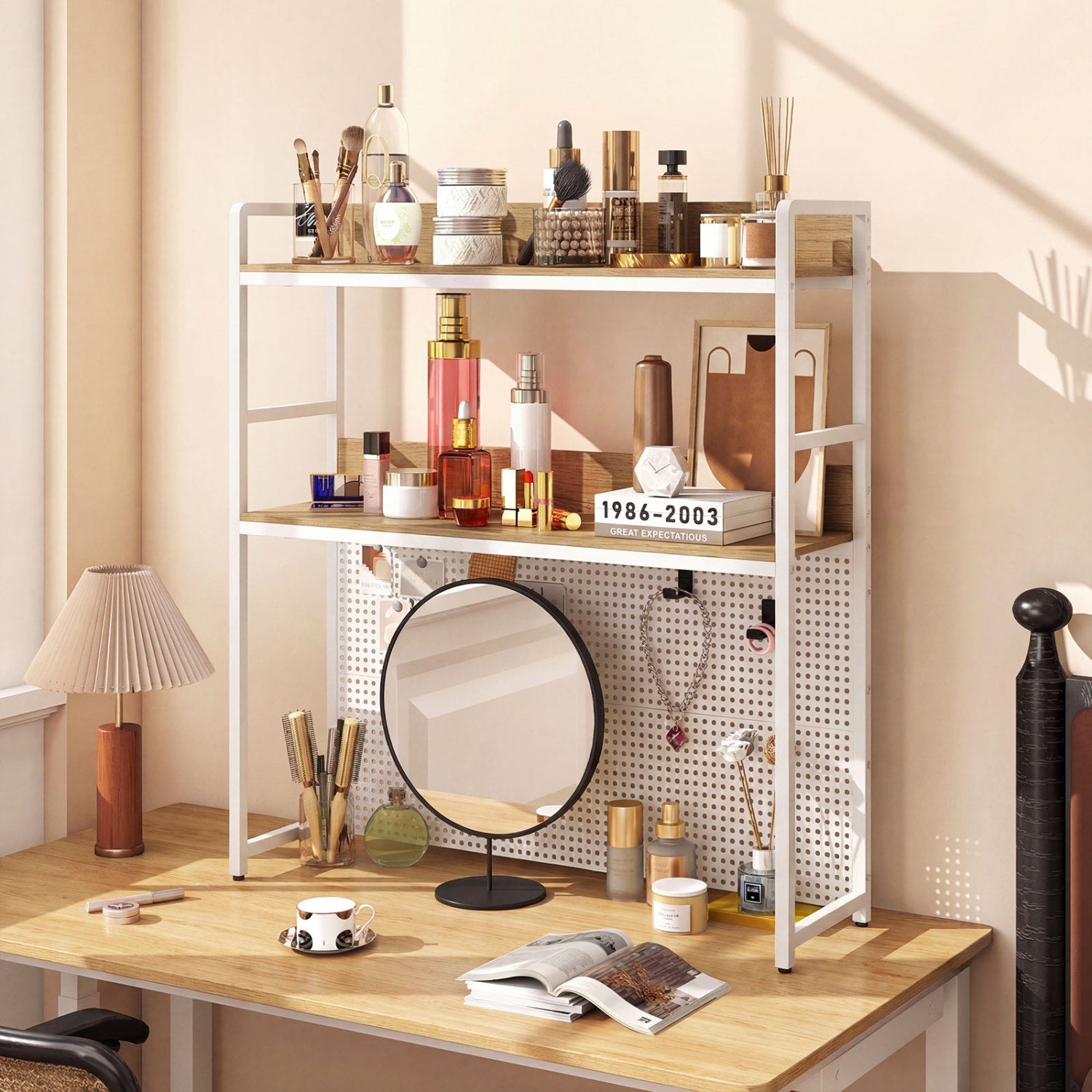 Multipurpose 2-Tier Desktop Bookshelf with Pegboard for up to 32 Inch Computer Monitor-Natural