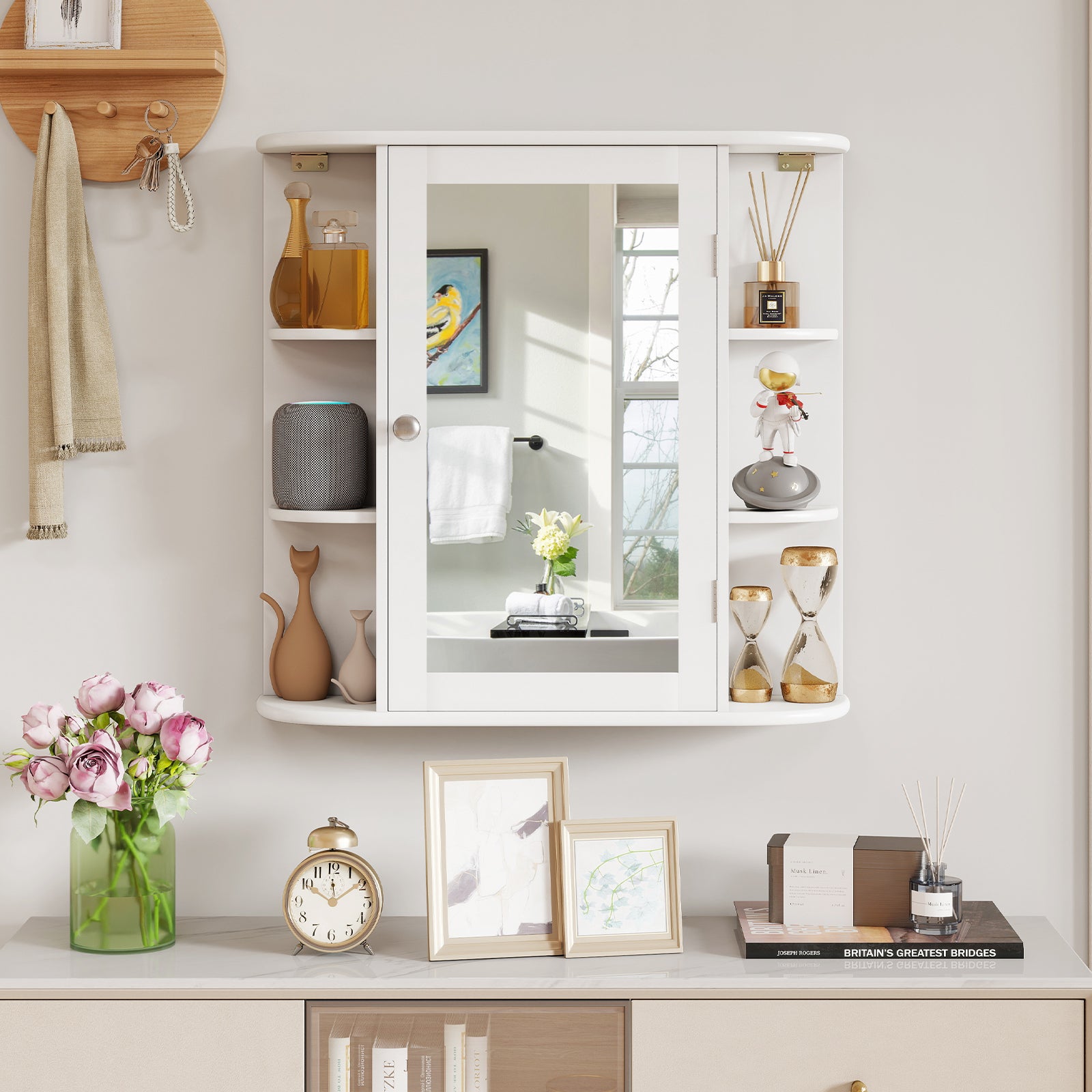 Multipurpose Mount Wall Mirror Bathroom Storage Cabinet-White