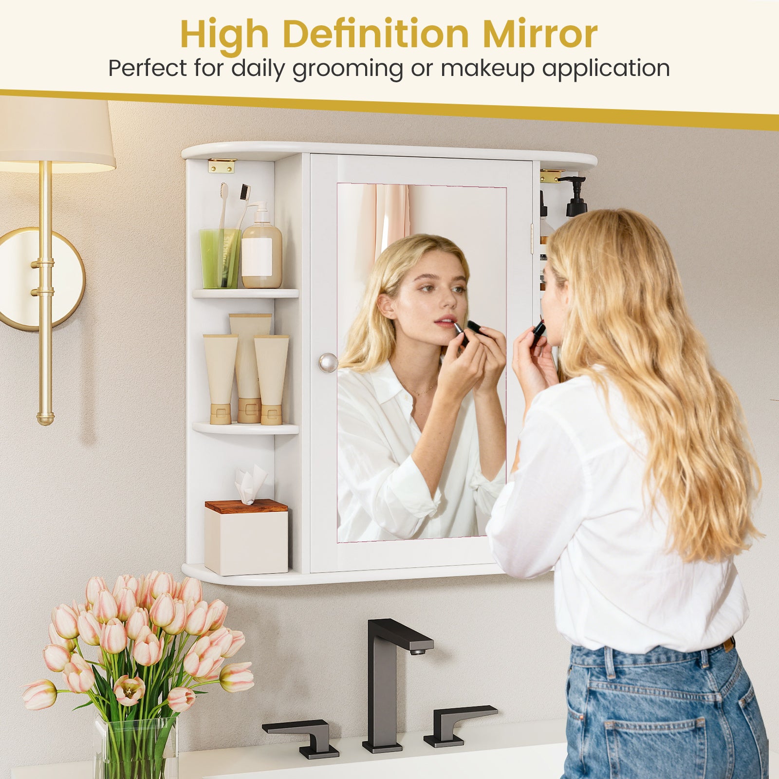 Multipurpose Mount Wall Mirror Bathroom Storage Cabinet-White