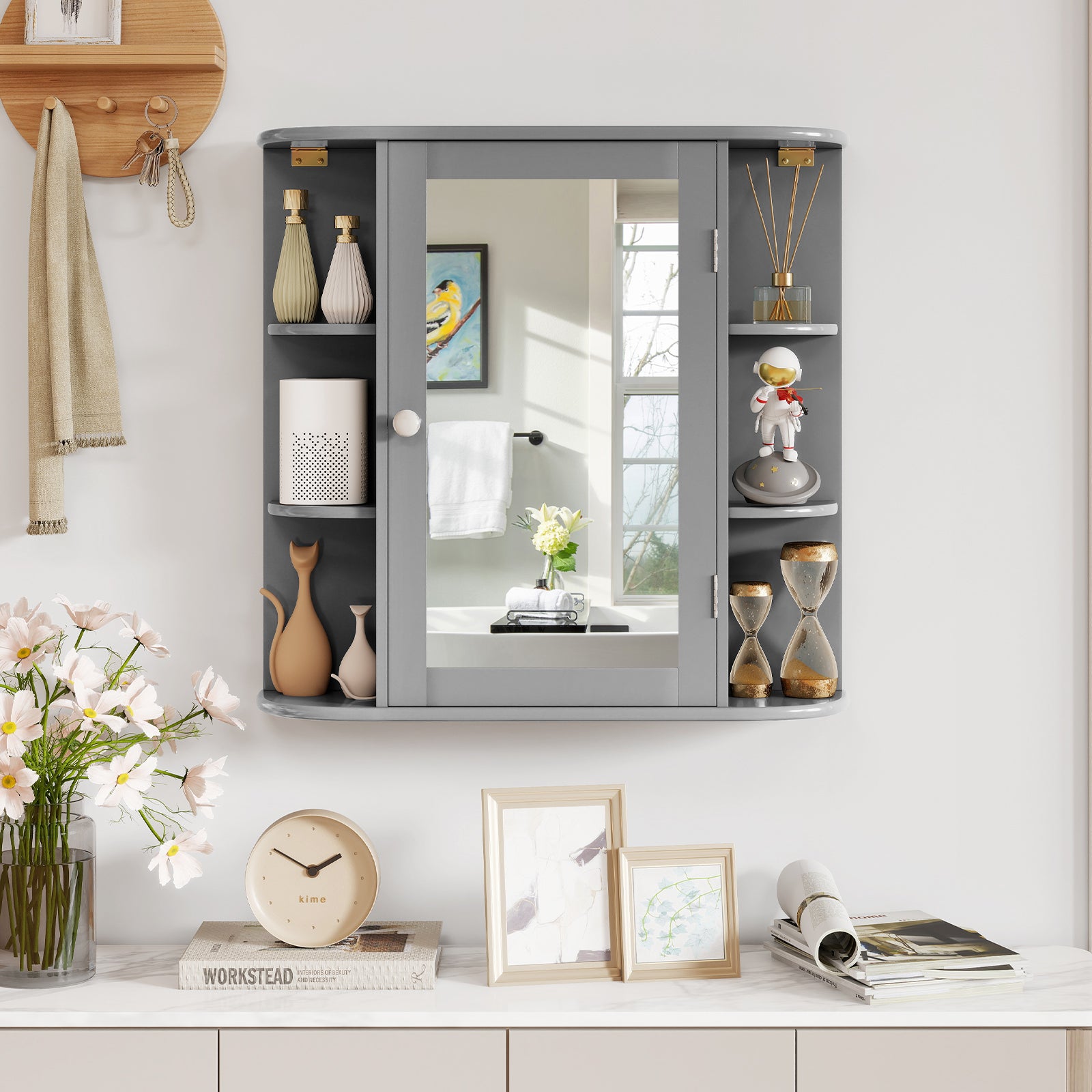 Multipurpose Mount Wall Surface Bathroom Storage Cabinet with Mirror-Gray