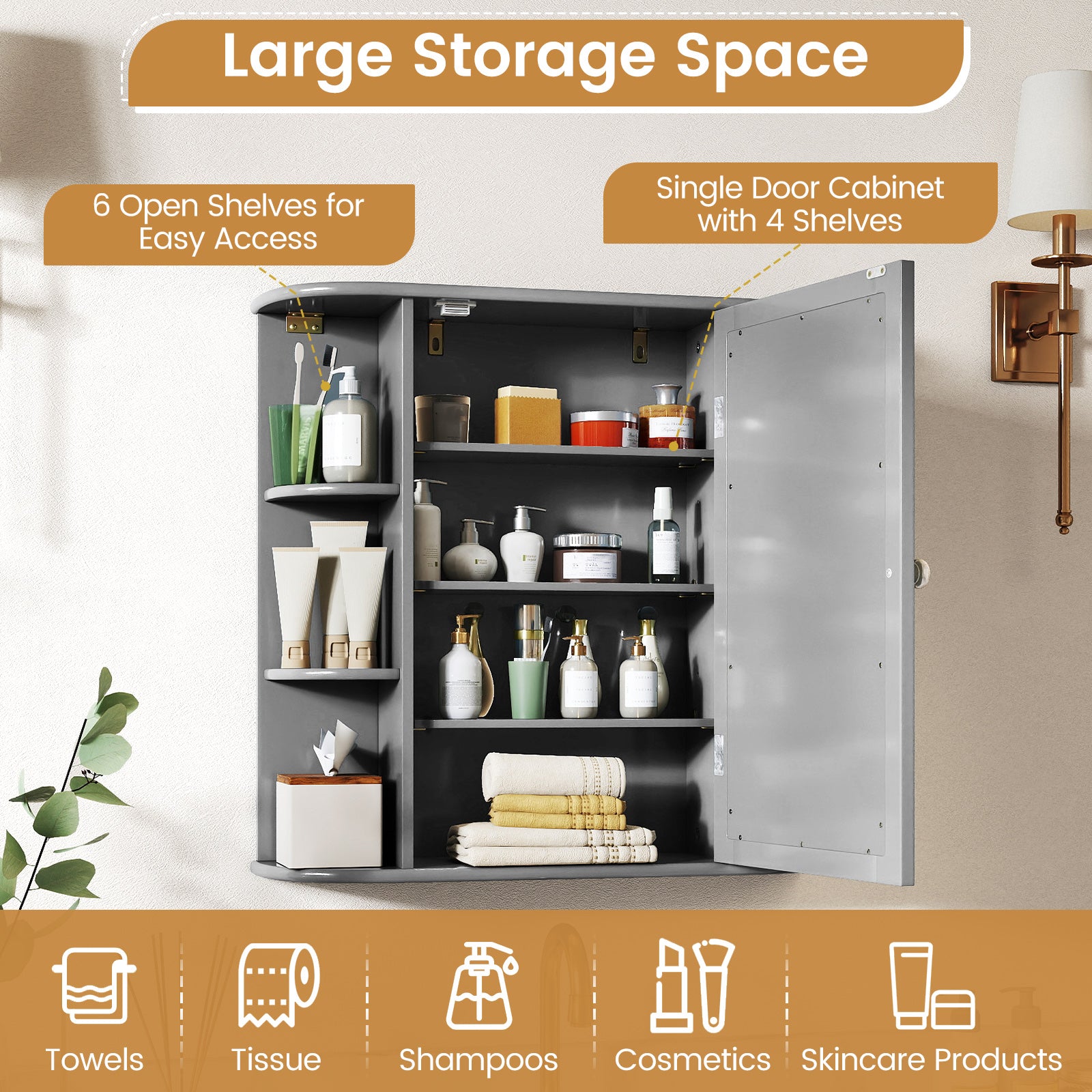 Multipurpose Mount Wall Surface Bathroom Storage Cabinet with Mirror-Gray