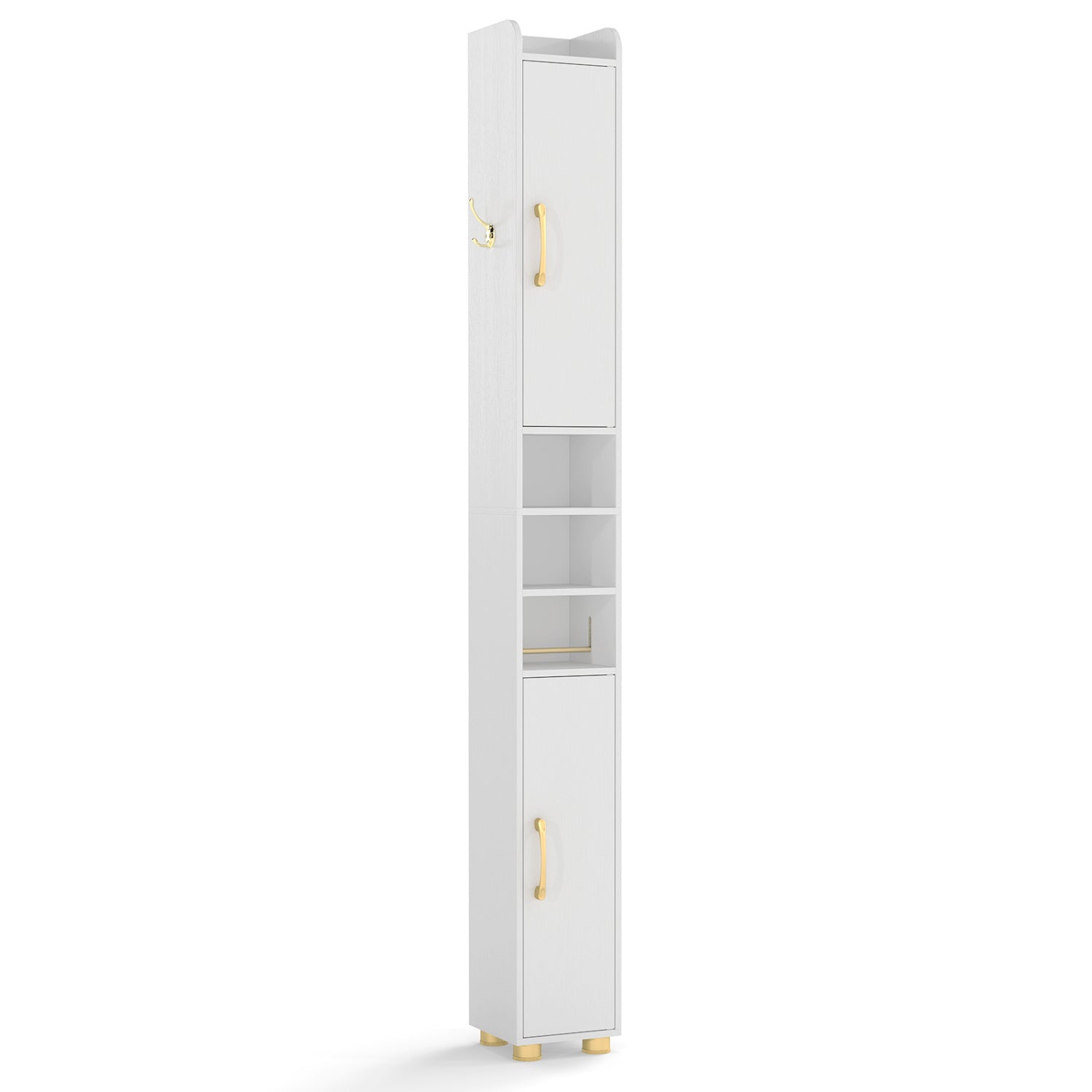 Narrow Bathroom Storage Cabinet with Open Shelves and Toilet Paper Holder-White