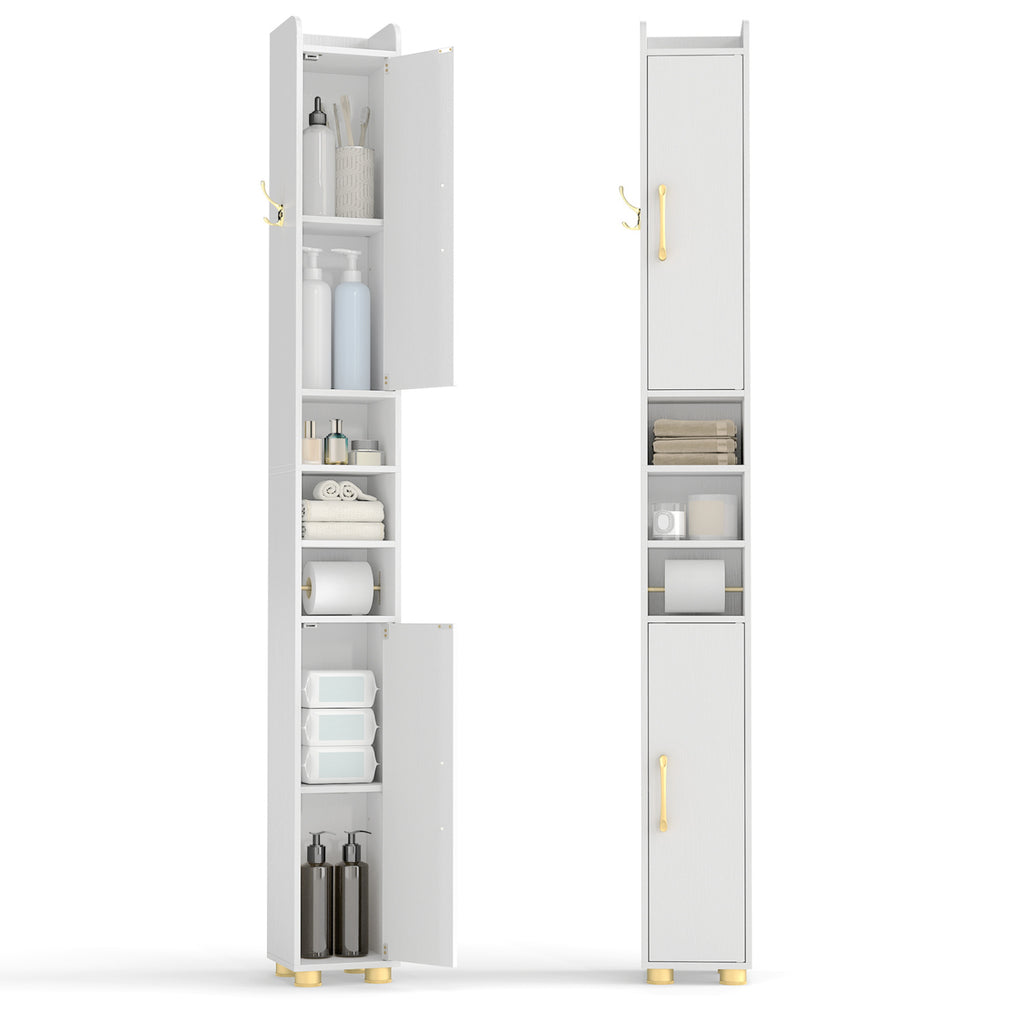Narrow Bathroom Storage Cabinet with Open Shelves and Toilet Paper Holder-White