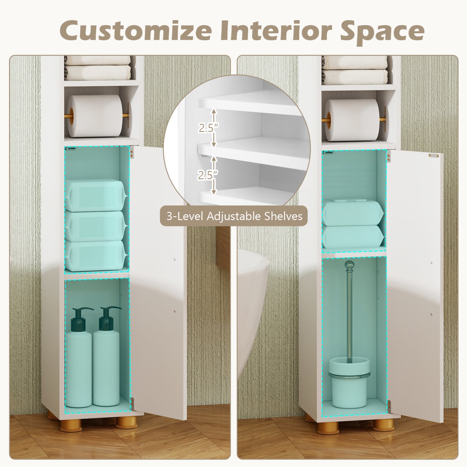 Narrow Bathroom Storage Cabinet with Open Shelves and Toilet Paper Holder-White