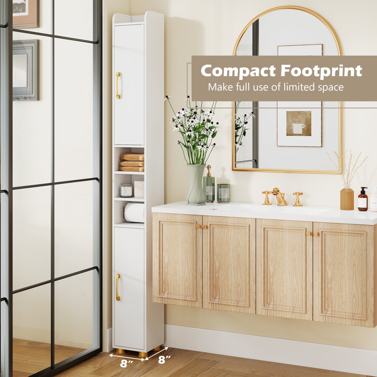 Narrow Bathroom Storage Cabinet with Open Shelves and Toilet Paper Holder-White