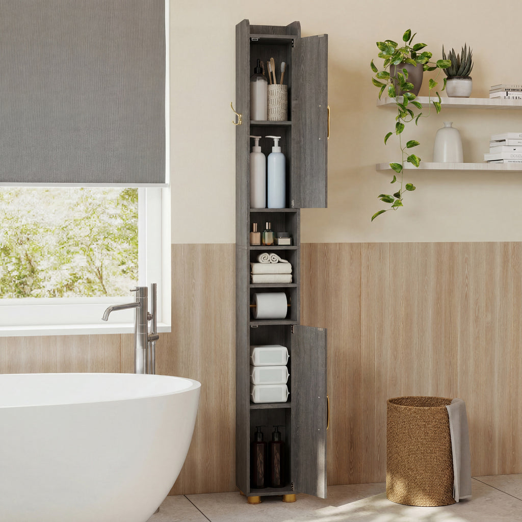 Narrow Bathroom Storage Cabinet with Open Shelves and Toilet Paper Holder-Gray